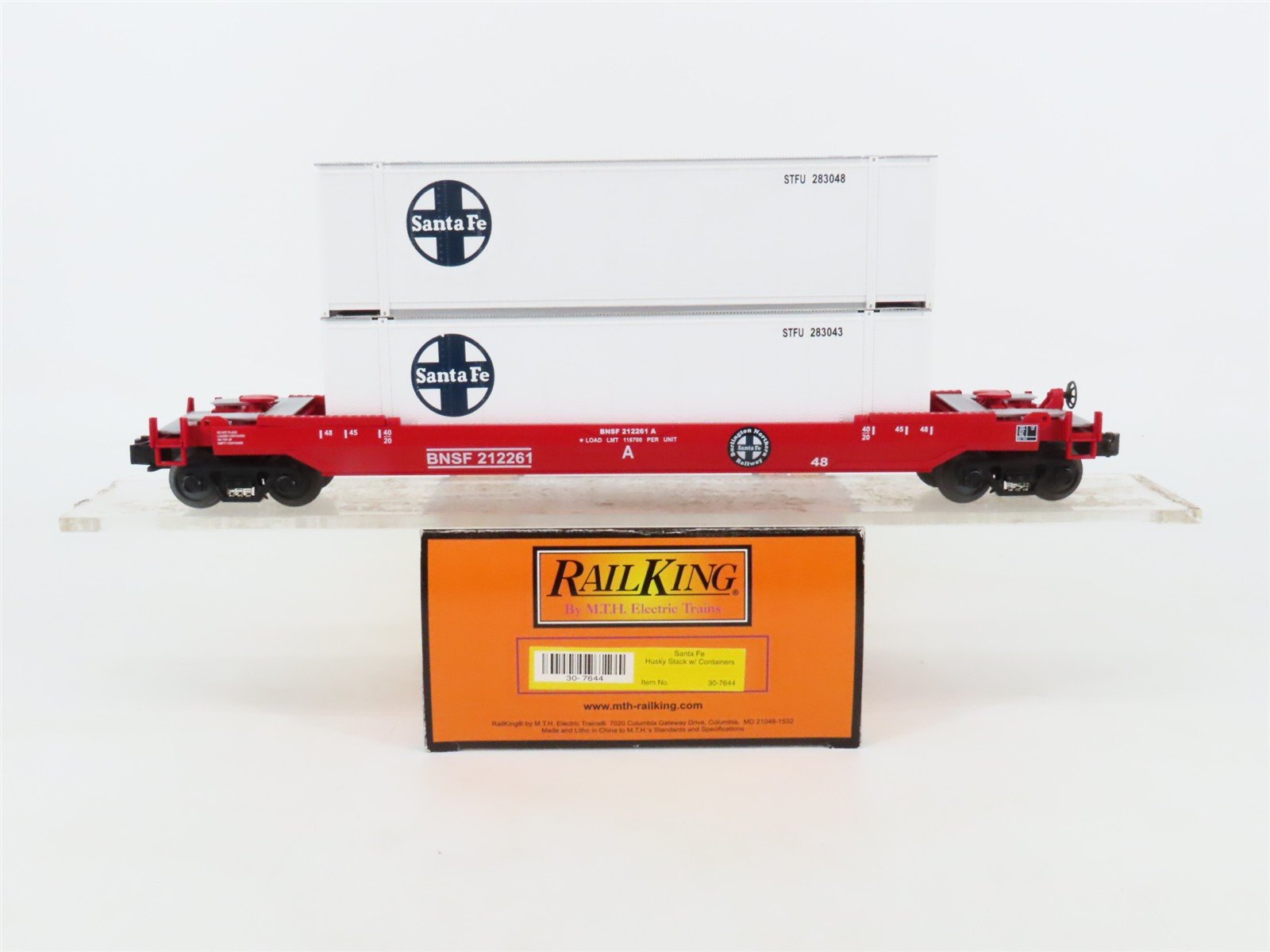O Gauge 3-Rail MTH Rail King 30-7644 BNSF/ATSF Husky Stack Car #212261