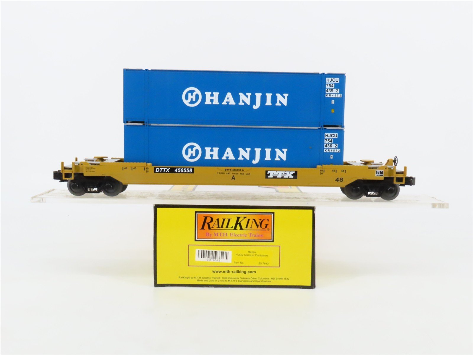 O Gauge 3-Rail MTH Rail King 30-7643 DTTX Hanjin Husky Stack Car #456558