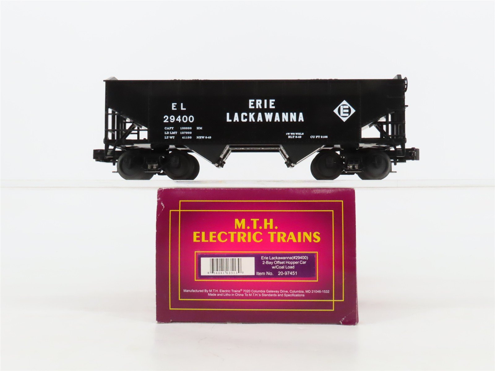 O Gauge 3-Rail MTH 20-97451 EL Erie Lackawanna 2-Bay Offset Hopper #29400