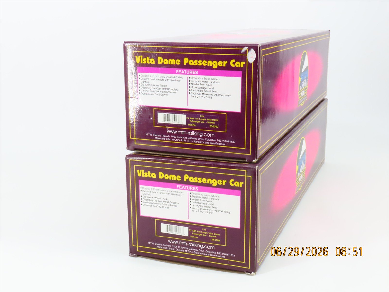 O Gauge 3-Rail MTH 20-6760 Erie Vista Dome Passenger Car 2-Pack