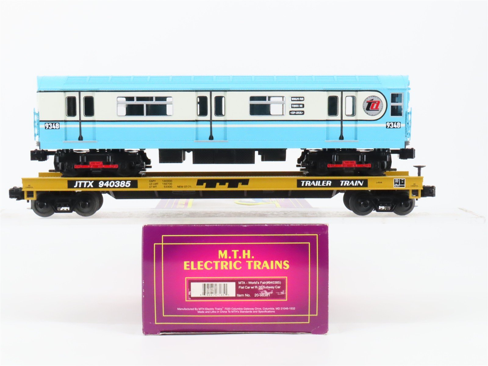 O Gauge 3-Rail MTH 20-98381 JTTX Trailer Train Flat Car #940385 w/ Subway Car