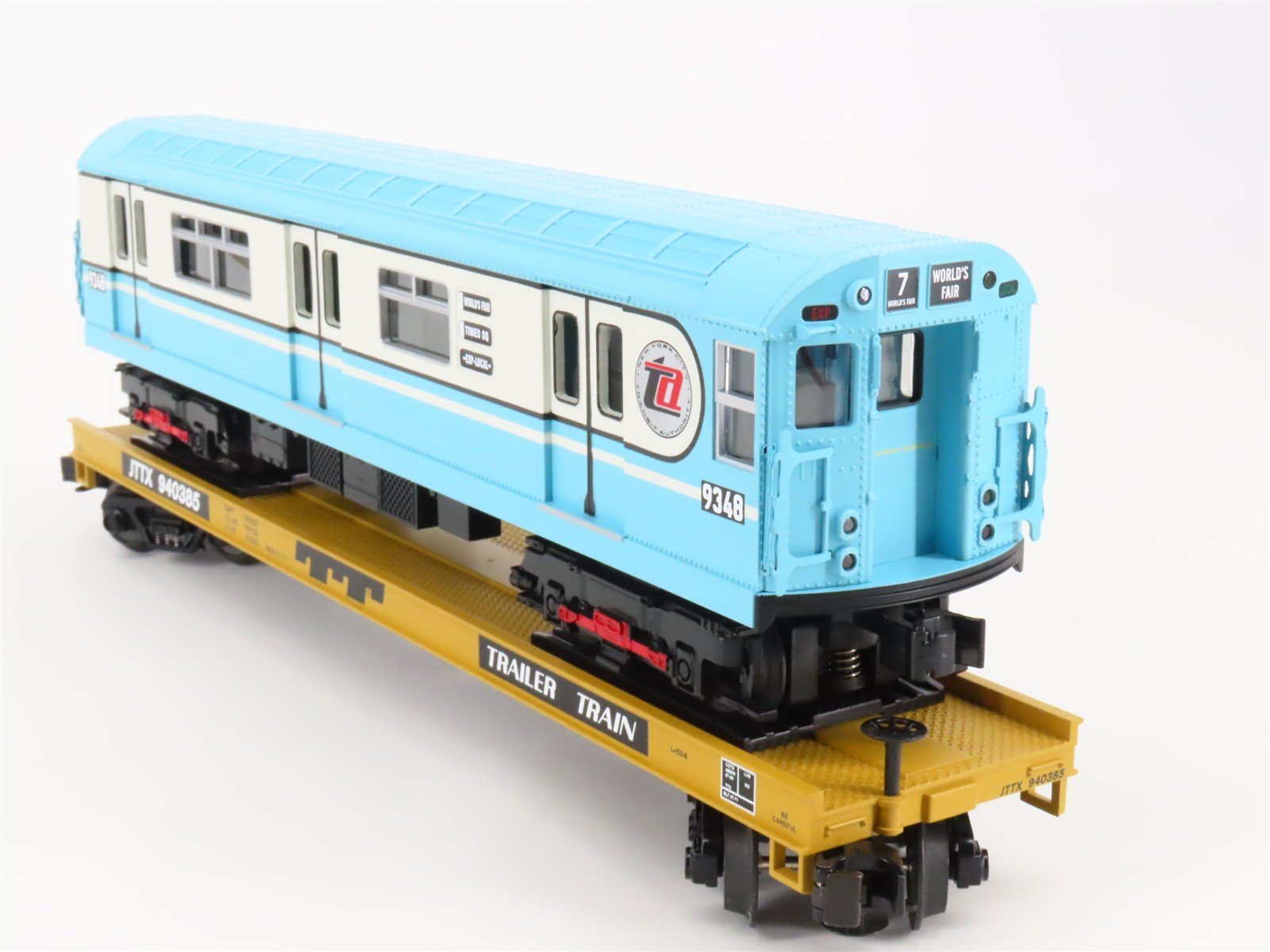 O Gauge 3-Rail MTH 20-98381 JTTX Trailer Train Flat Car #940385 w/ Subway Car