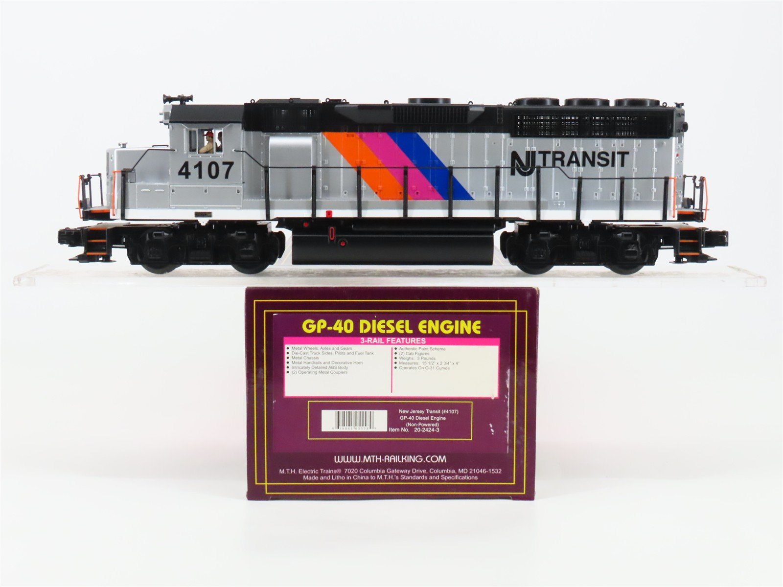 O Gauge 3-Rail MTH 20-2424-3 NJ Transit GP40 Diesel Loco #4107 UNPOWERED