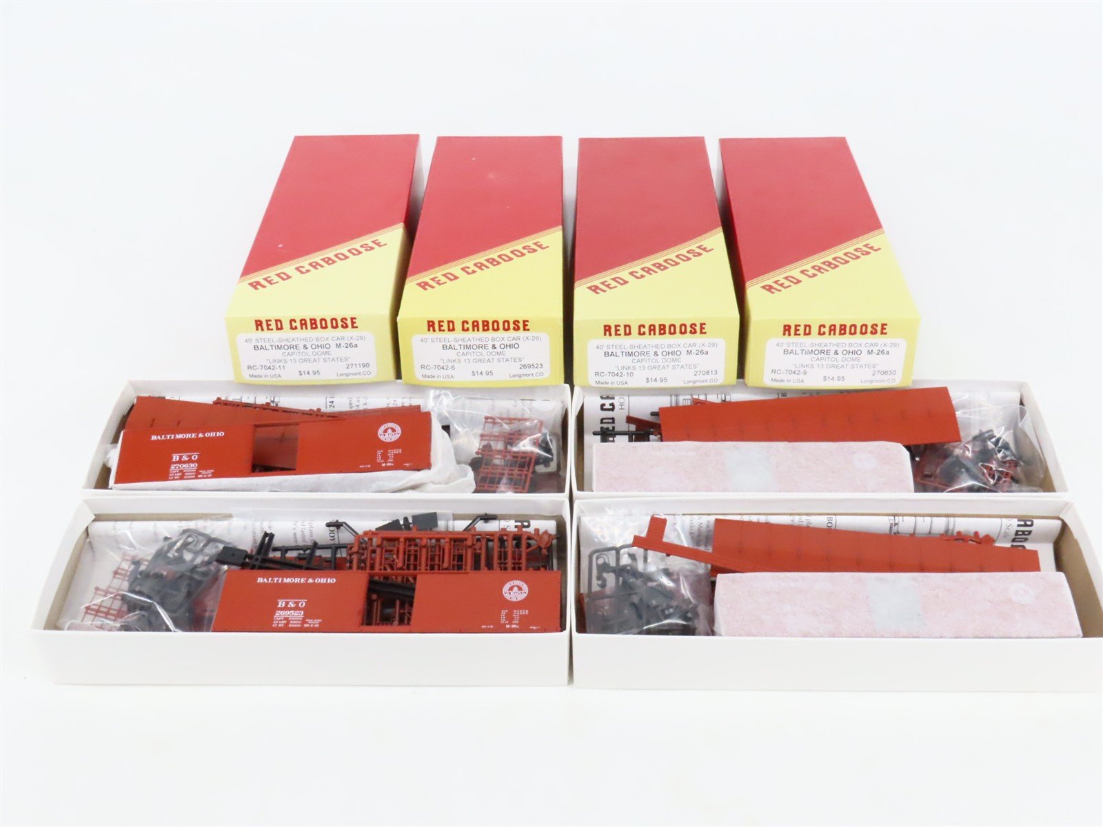 HO Scale Red Caboose Kits RC-7042 B&O Baltimore & Ohio 40' X29 Box Cars 4-Pack
