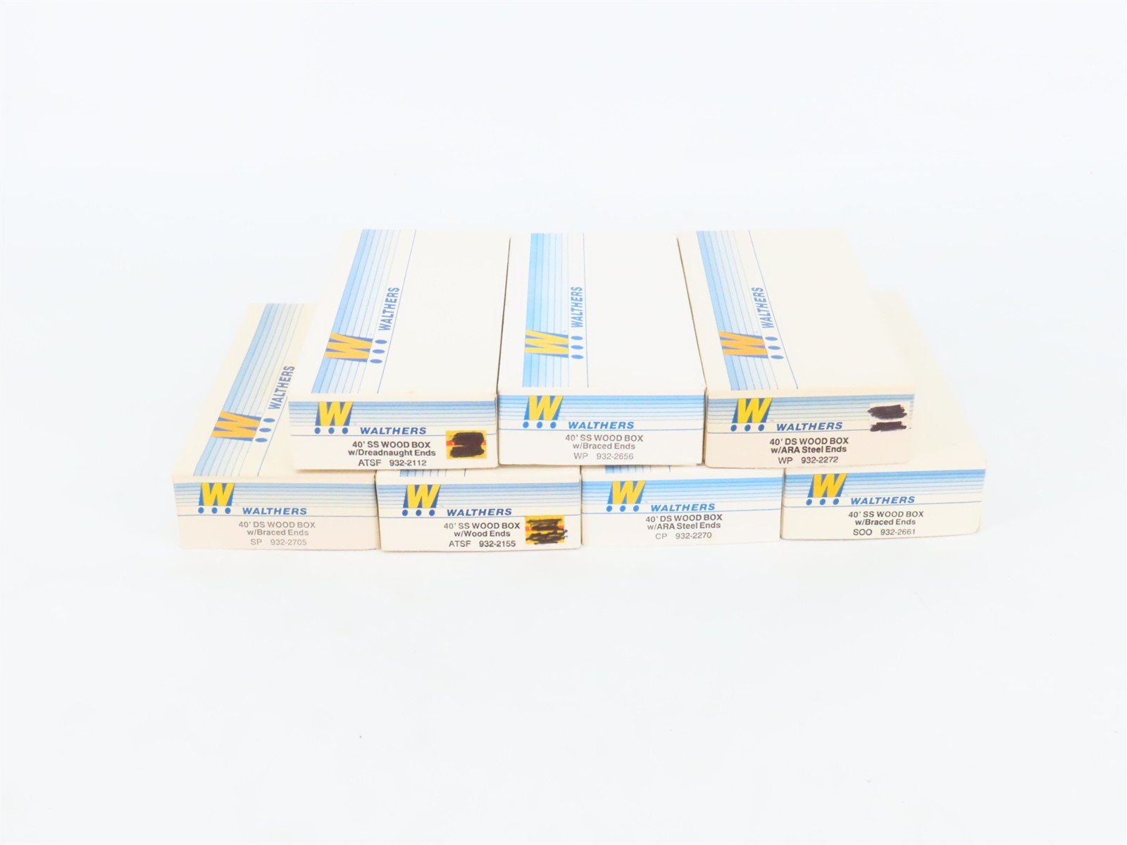 LOT of 7 HO Scale Walthers Kits SP, ATSF, CP, SOO & WP 40' Wood Box Cars