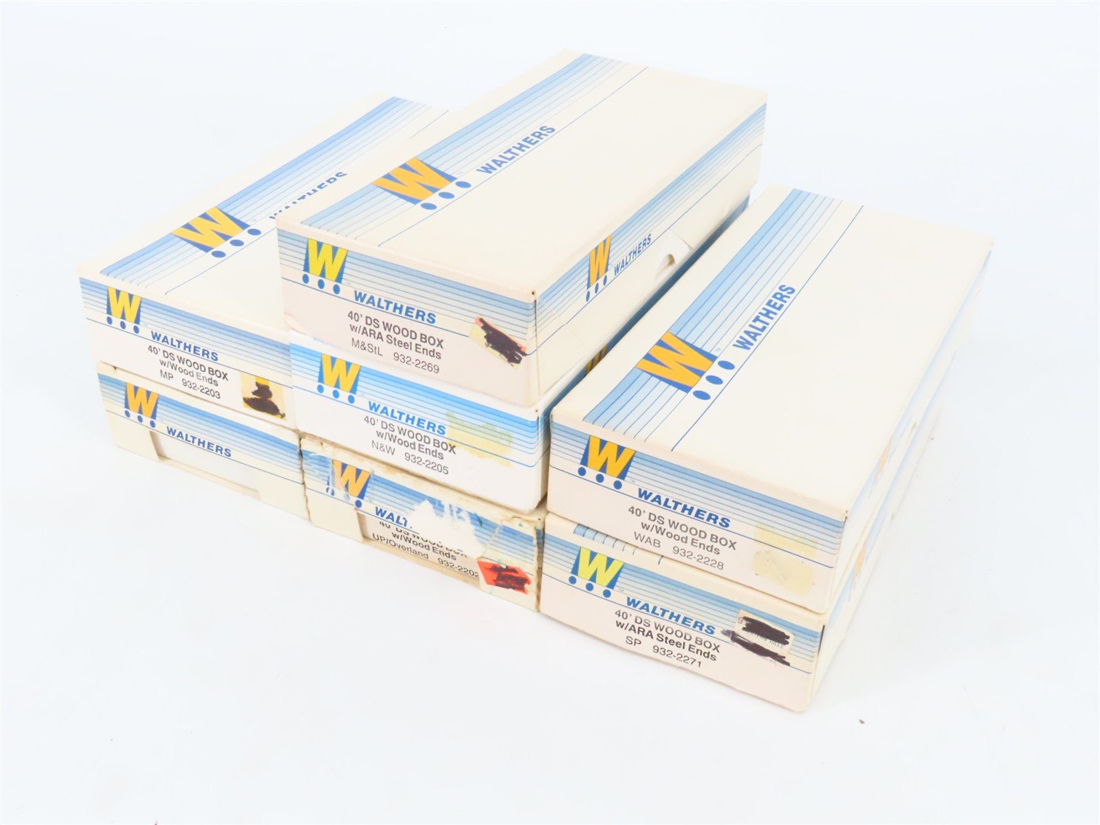 LOT of 7 HO Walthers Kits UP, MP, SP, M&StL, N&W, SSW & WAB 40' Wood Box Cars