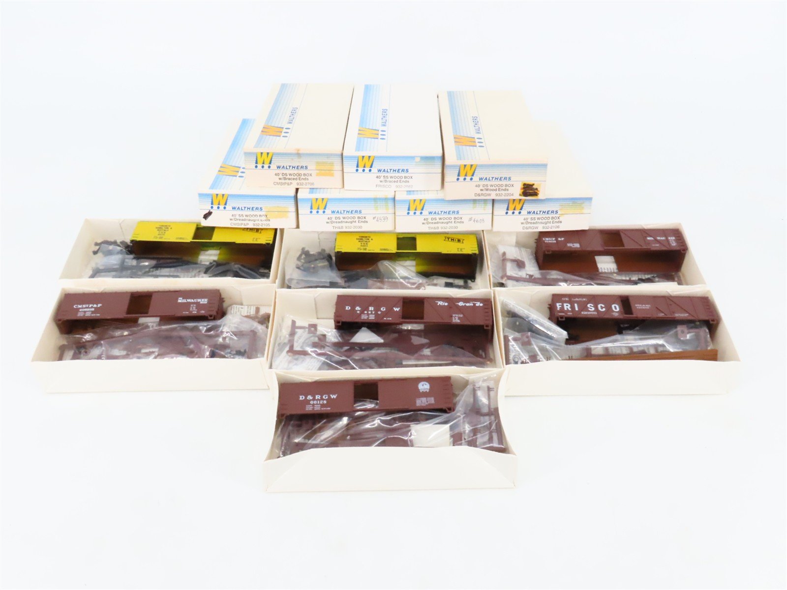 LOT of 7 HO Walthers Kits CMStP&P, D&RGW, TH&B, & SLSF 40' Wood Box Cars