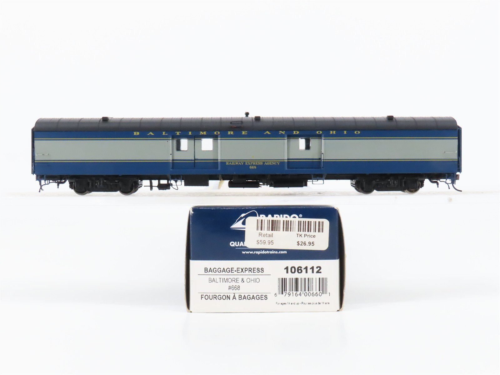 HO Scale Rapido 106112 B&O Baltimore & Ohio Baggage-Express Passenger Car #668