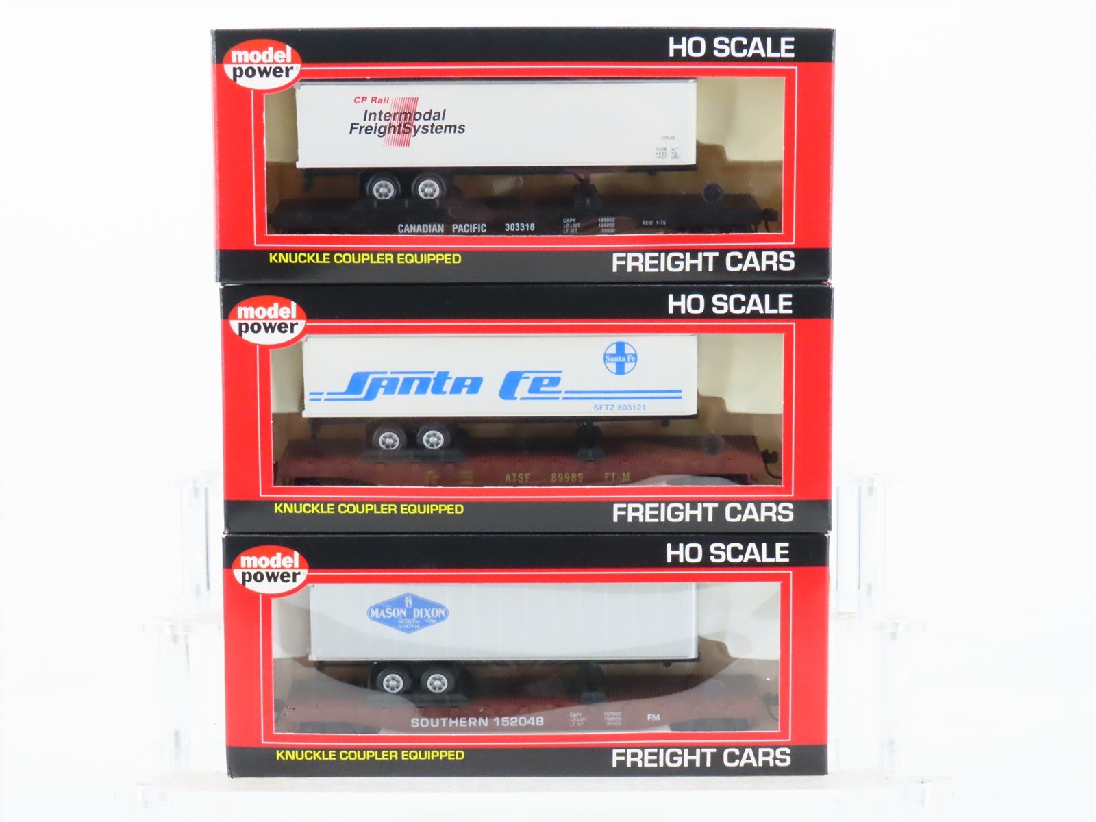 LOT of 3 HO Scale Model Power ATSF, CP, & SOU TOFC Flat Cars w/ Trailers