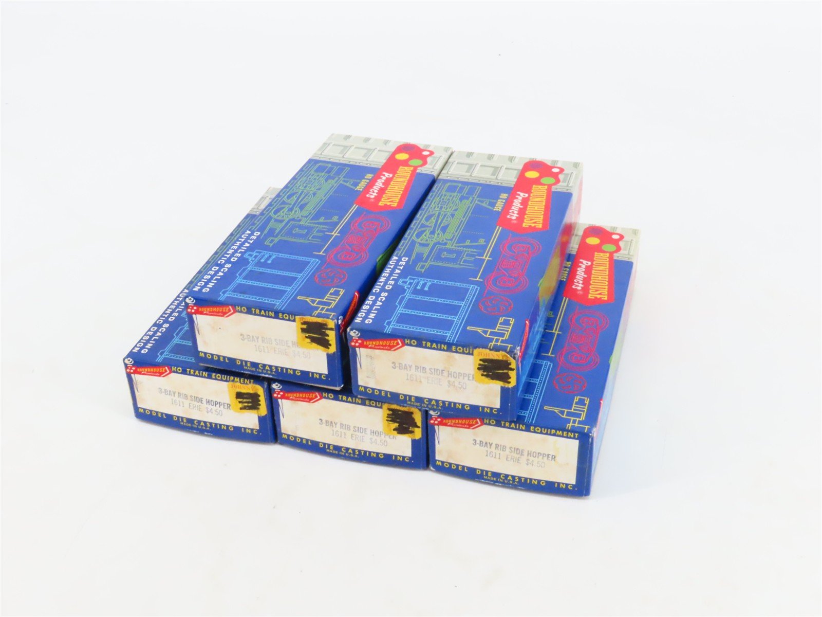LOT of 5 HO Scale Roundhouse MDC Kits 1611 ERIE Railroad 3-Bay Hoppers