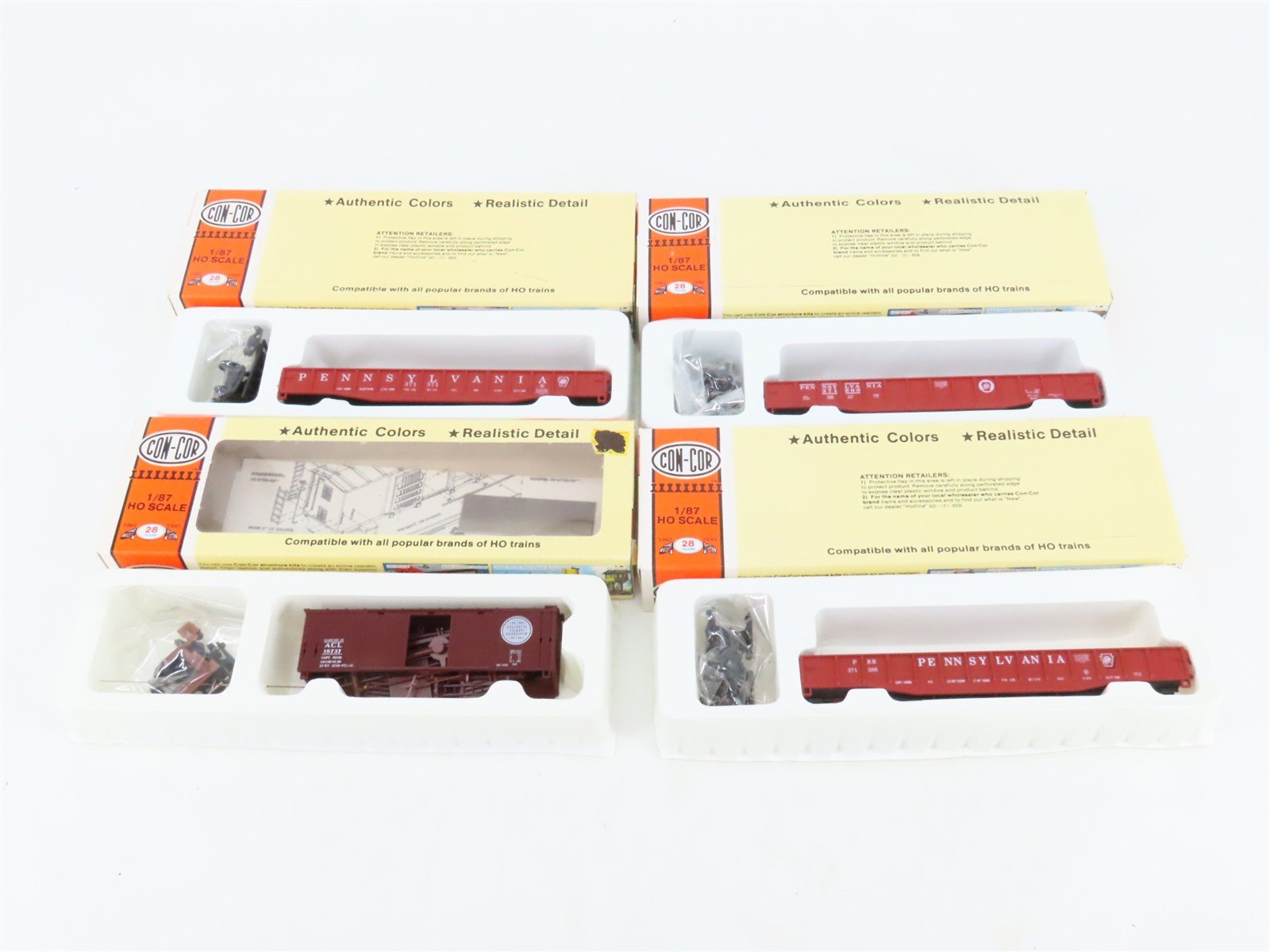 LOT of 4 HO Scale Con-Cor Kits ACL/PRR Old Time Box Car & Open Gondolas
