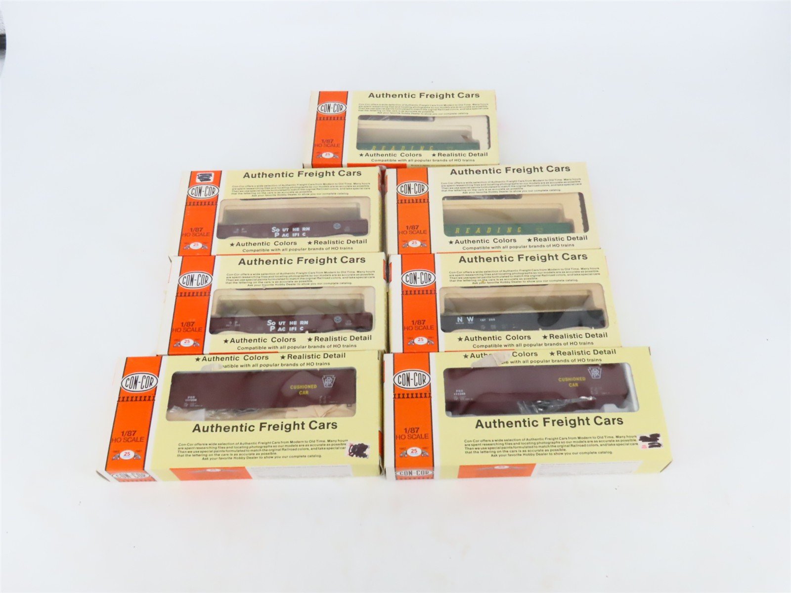 LOT of 7 HO Scale Con-Cor Kits PRR/SP/RDG/NW Railroad Box Cars & Gondolas