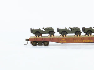 HO Athearn UP Union Pacific Flat Car #53496 - Weathered w/ Custom Army Jeep Load