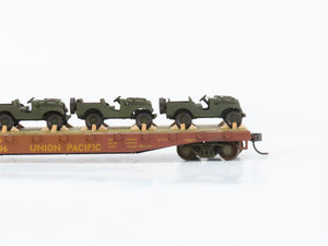 HO Athearn UP Union Pacific Flat Car #53496 - Weathered w/ Custom Army Jeep Load