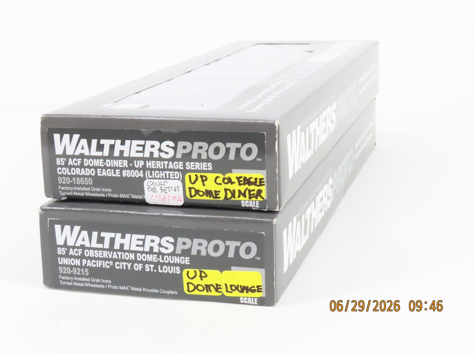 LOT of 2 HO Scale Walthers Proto UP Union Pacific Dome Passenger Cars