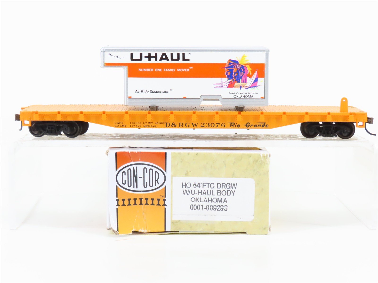 HO Scale Con-Cor 0001-009293 D&RGW Rio Grande Flat Car #23076 w/ U-Haul Trailer