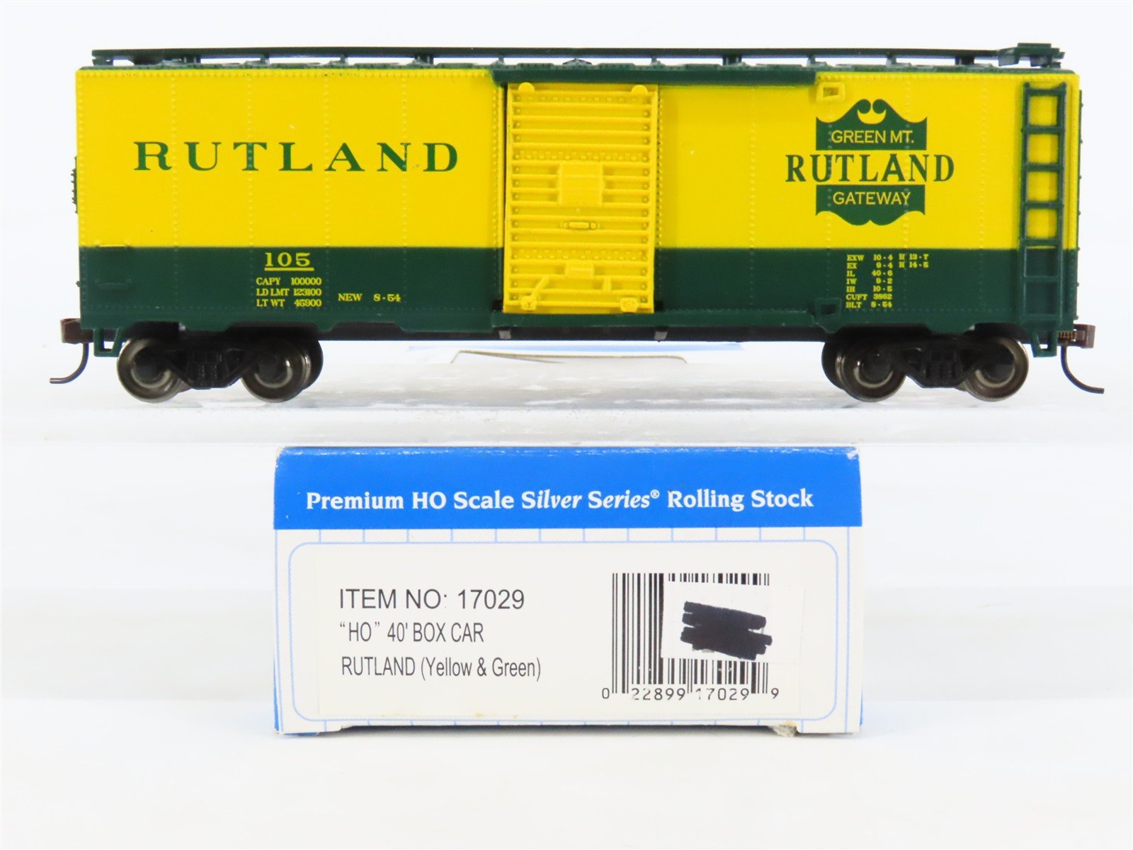 HO Bachmann Silver Series 17029 RUT Rutland Green MT. Gateway 40' Box Car #105
