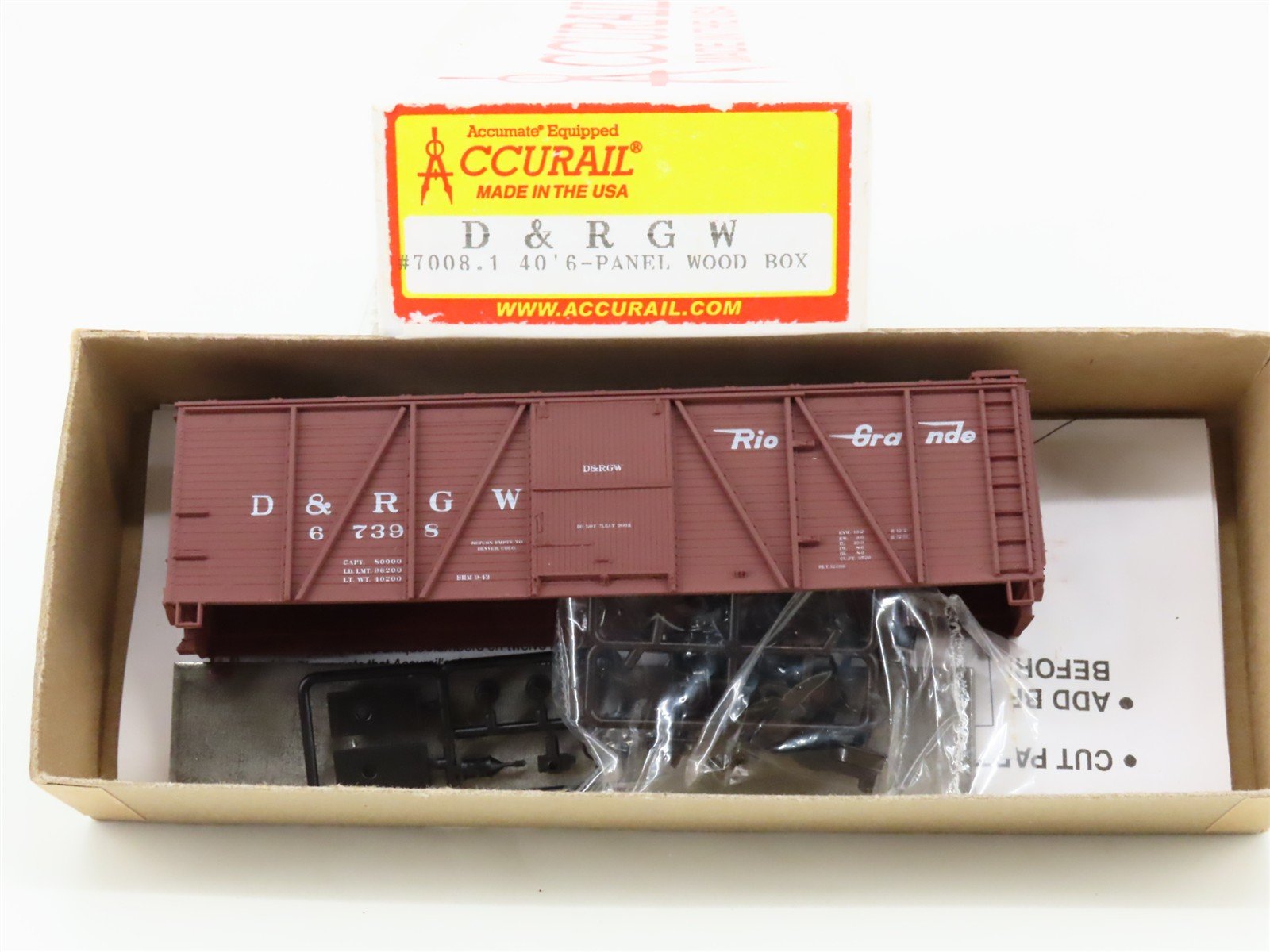 HO Scale Accurail Kit #7008.1 D&RGW Rio Grande Railroad 40' Wood Box Car #67398