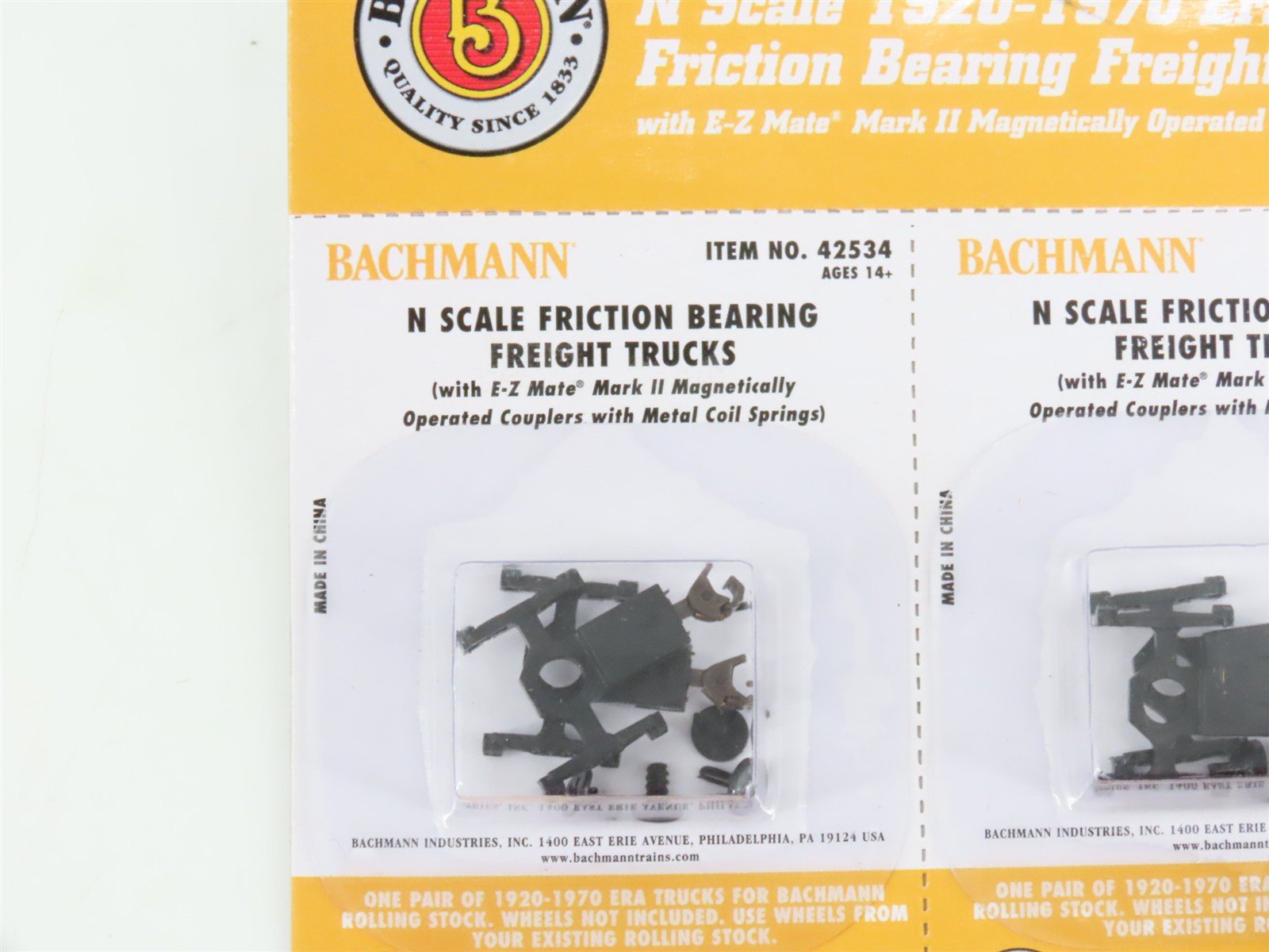 N Bachmann 42534 Friction Bearing Freight Trucks w/ Knuckle Couplers - 12 Pairs