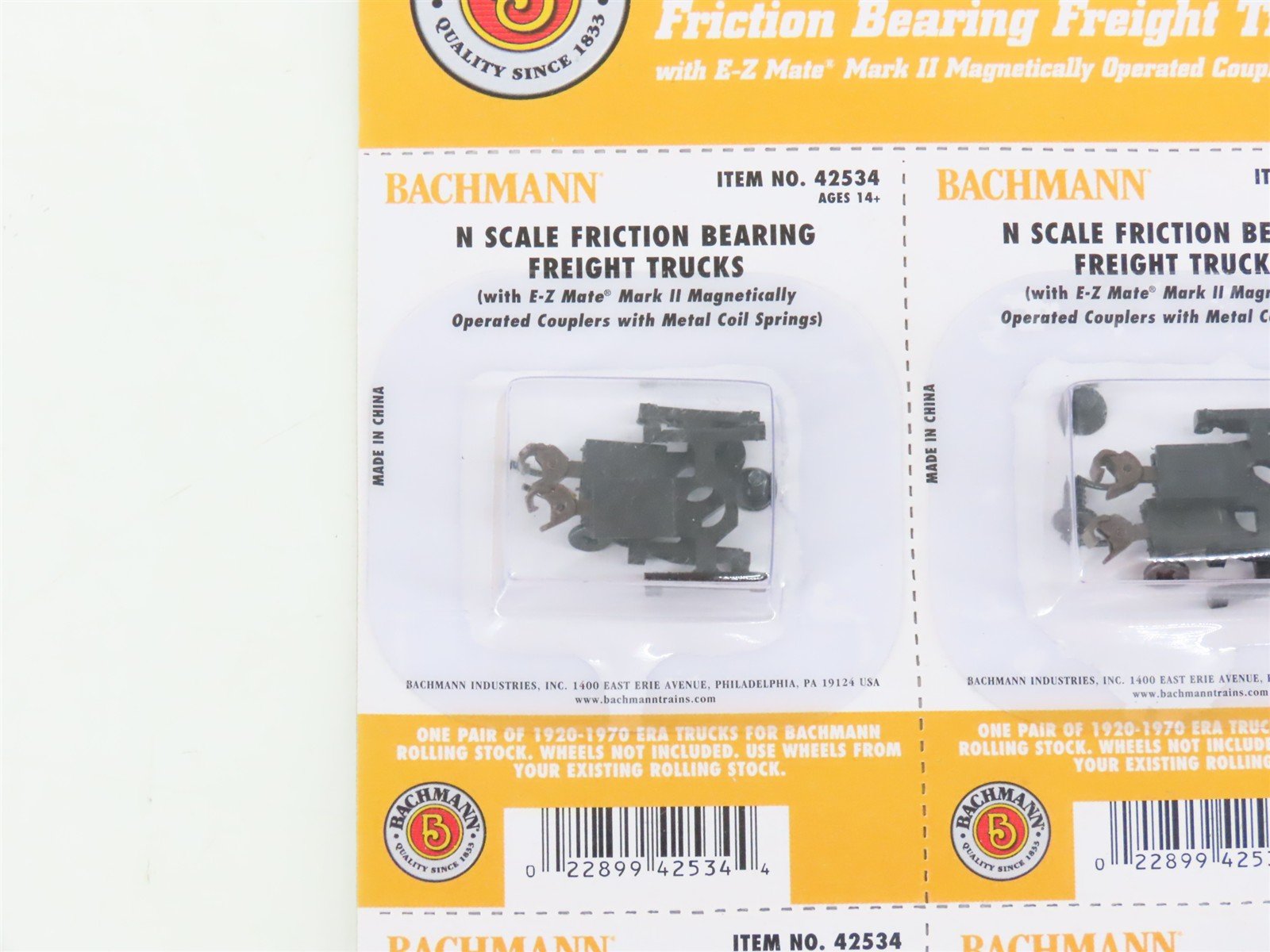 N Bachmann 42534 Friction Bearing Freight Trucks w/ Knuckle Couplers - 16 Pairs