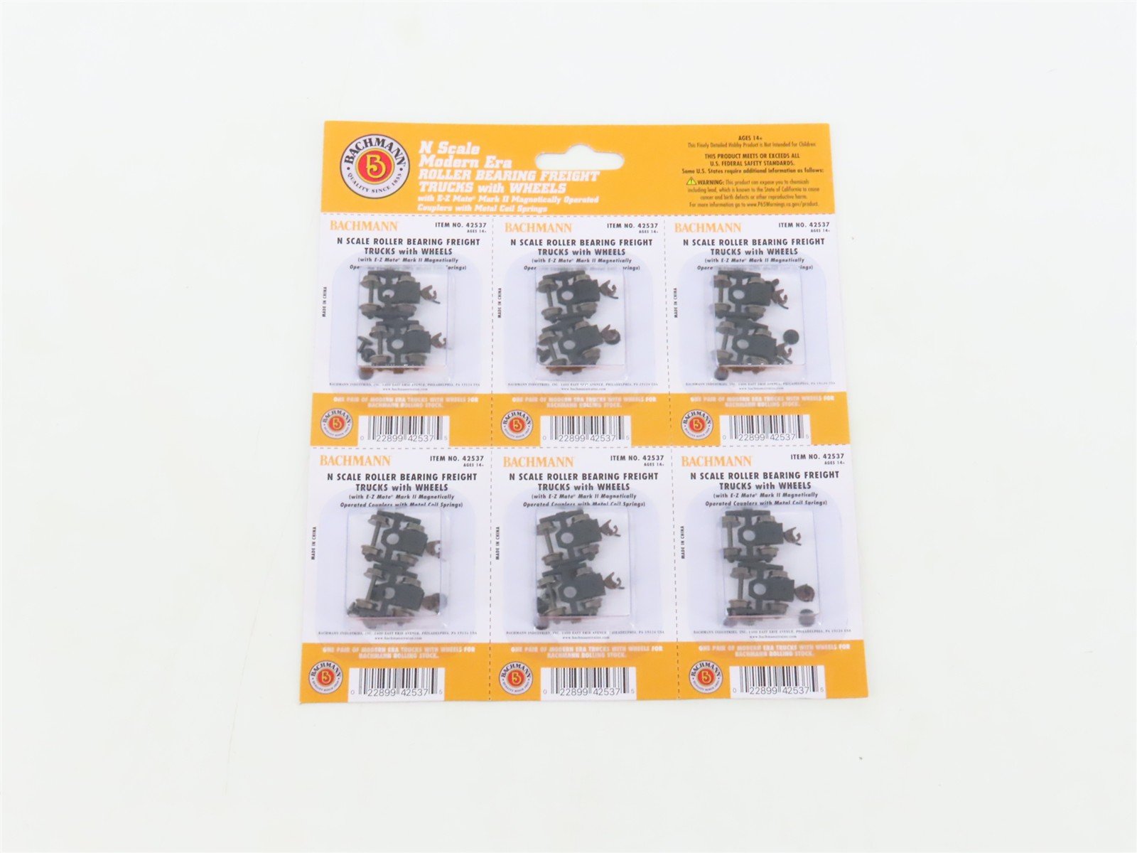 N Bachmann 42537 Roller Bearing Trucks w/ Couplers & Metal Wheels - 6 Pairs