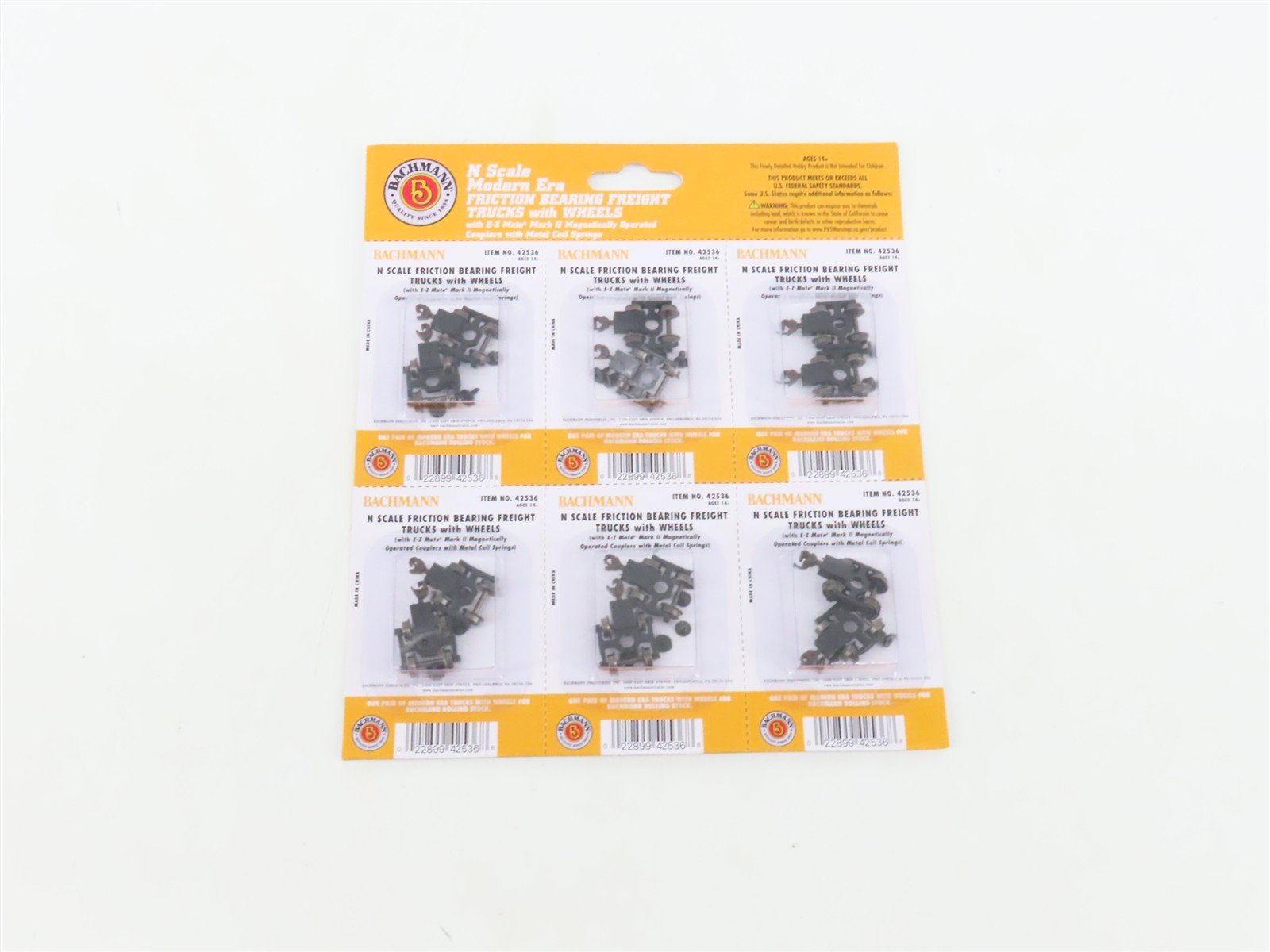 N Bachmann 42536 Friction Bearing Trucks w/ Couplers & Metal Wheels - 6 Pairs