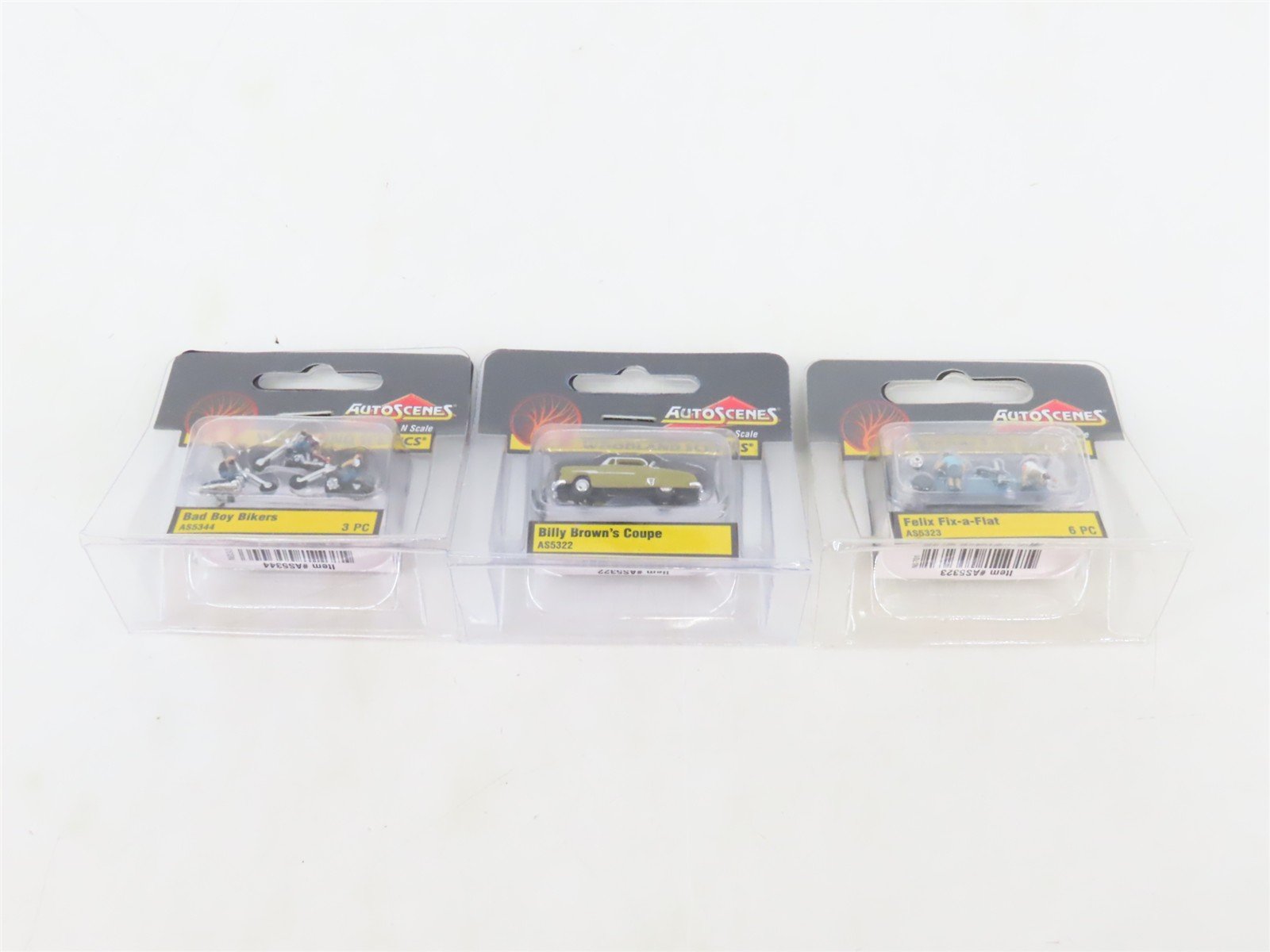 LOT of 3 N 1/160 Scale Woodland Scenics AutoScenes: Coupe, Fix-a-Flat, & Bikers