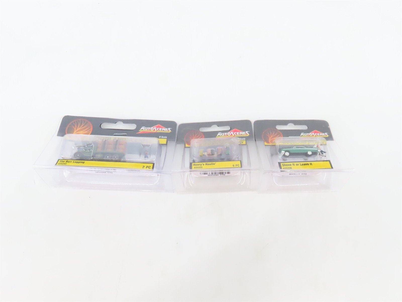 LOT of 3 N Scale Woodland Scenics AutoScenes: Pushing Car, Haulin', & Logging
