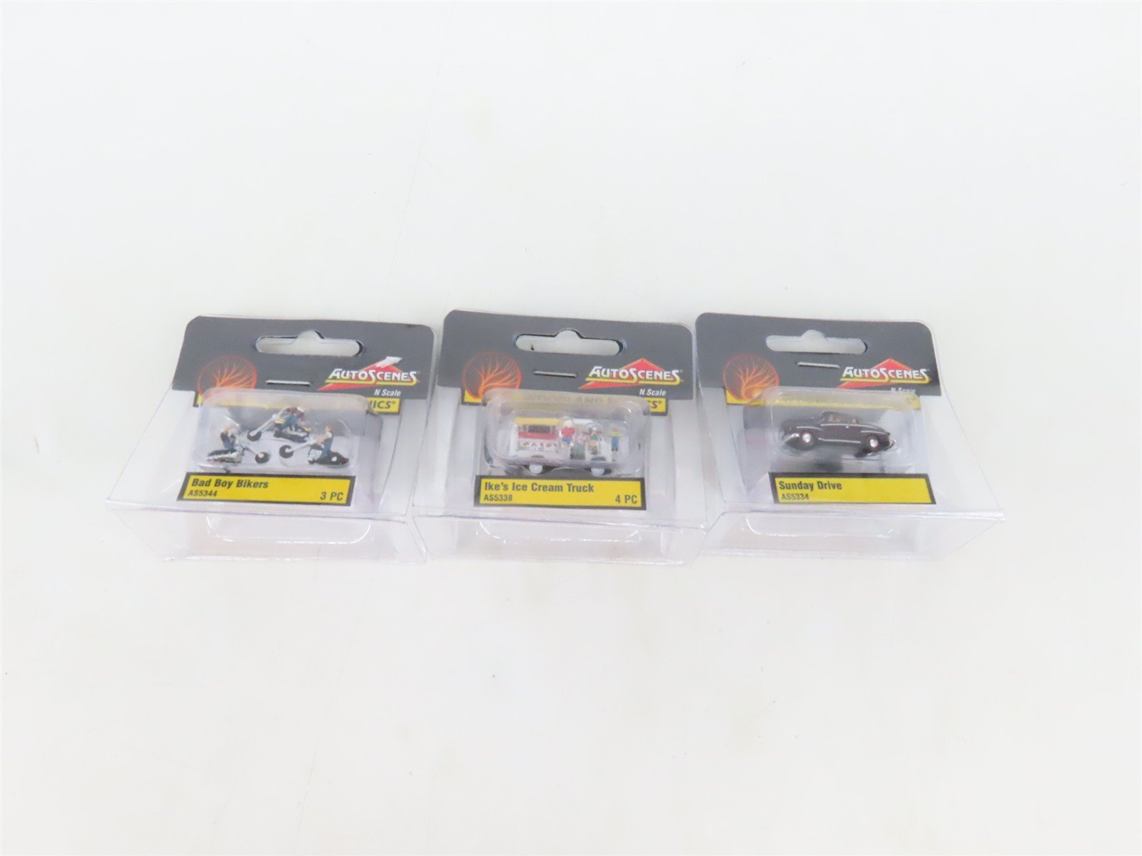 LOT of 3 N Scale Woodland Scenics AutoScenes: Bikers, Ice Cream, & Sunday Drive