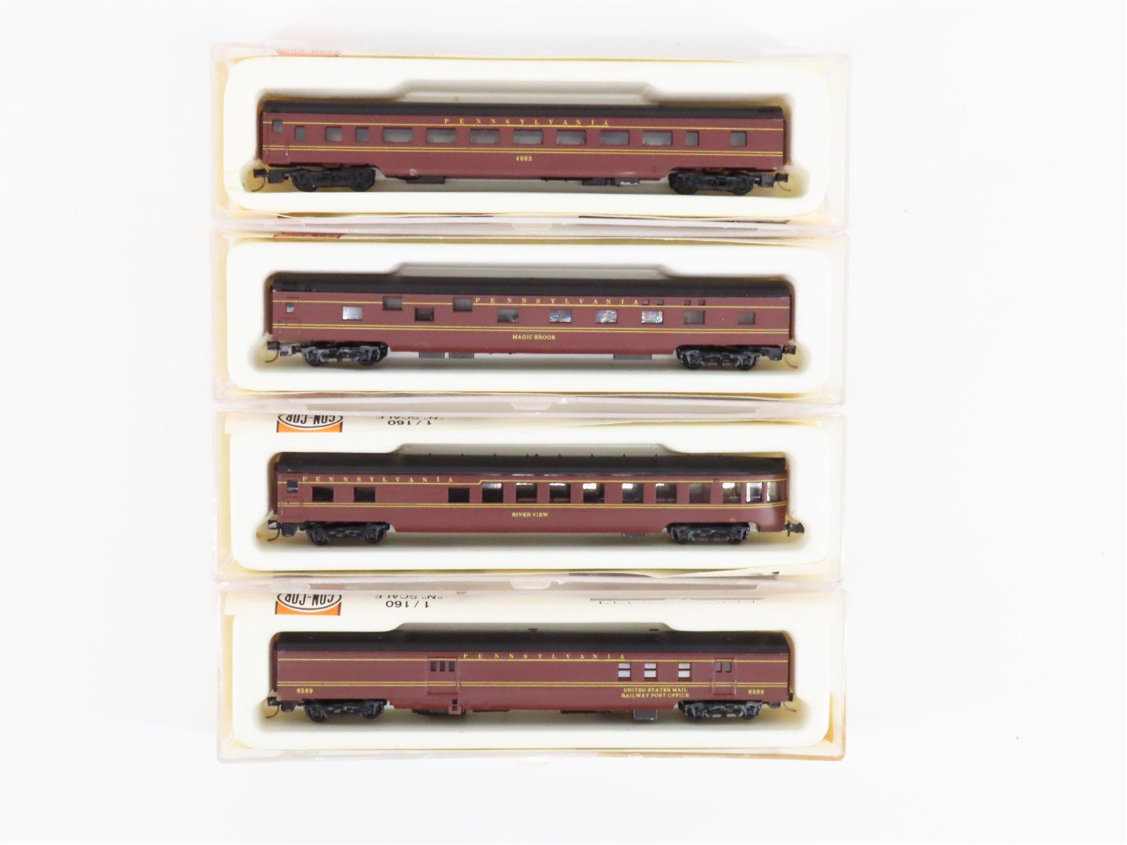 N Scale Con-Cor PRR Pennsylvania 85' Baggage, Obs, Coach Passenger 4-Car Set