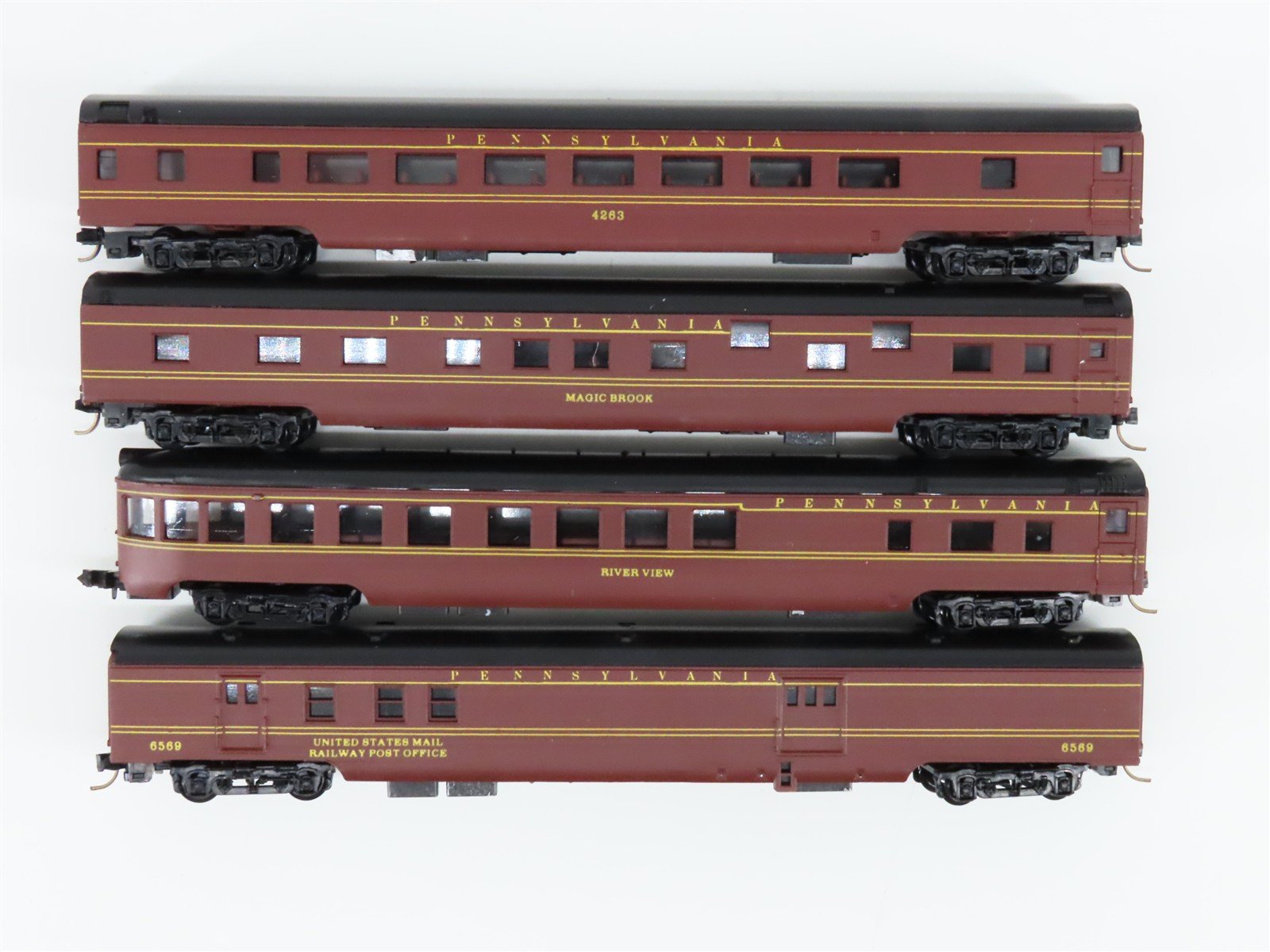 N Scale Con-Cor PRR Pennsylvania 85' Baggage, Obs, Coach Passenger 4-Car Set