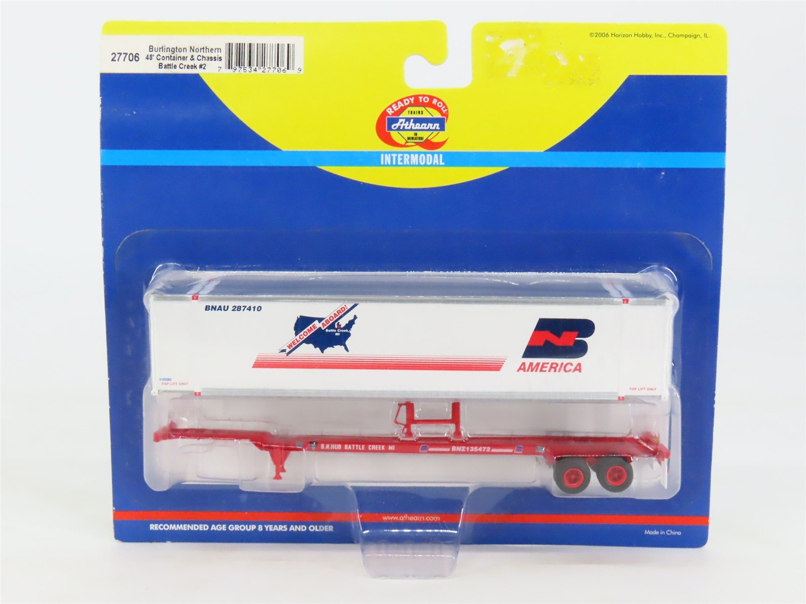 HO Scale Athearn 27706 BN Burlington Northern 48' Container & Trailer Chassis