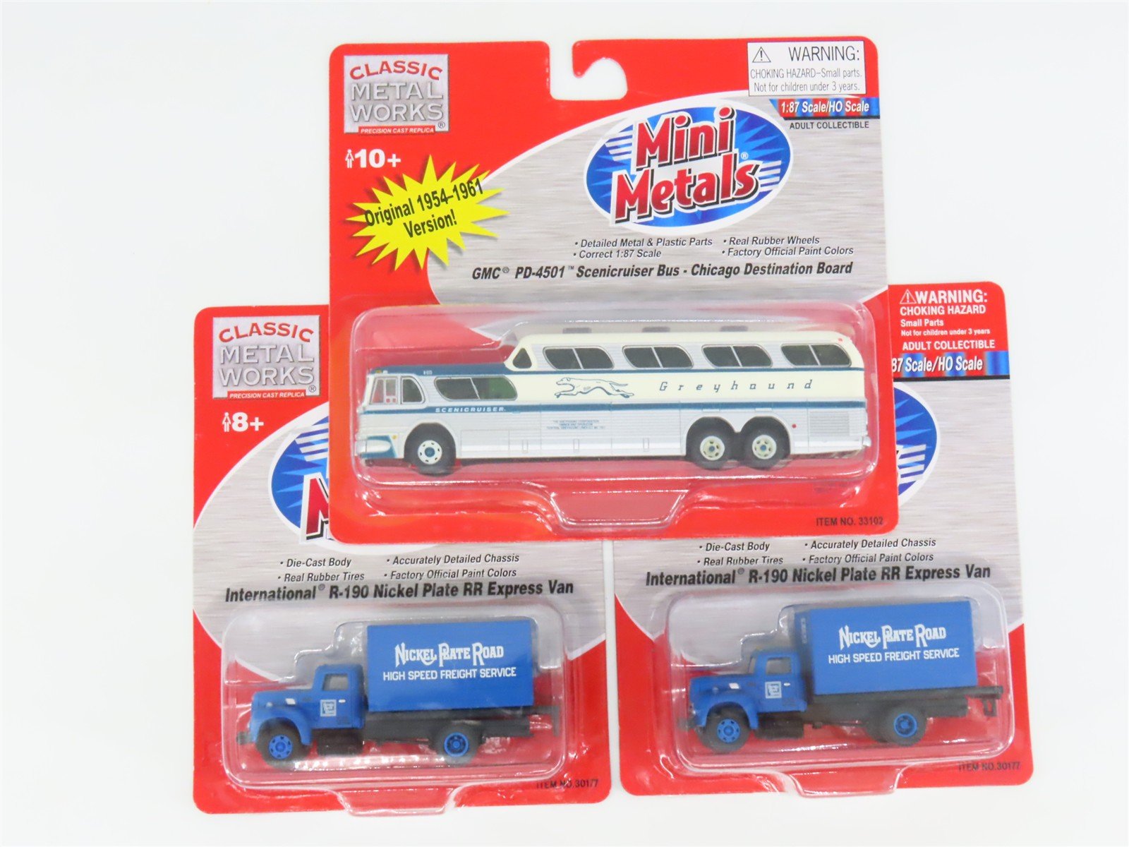 LOT of 3 HO CMW Mini Metals Greyhound Scenicruiser Bus & NKP IH R-190 Box Trucks
