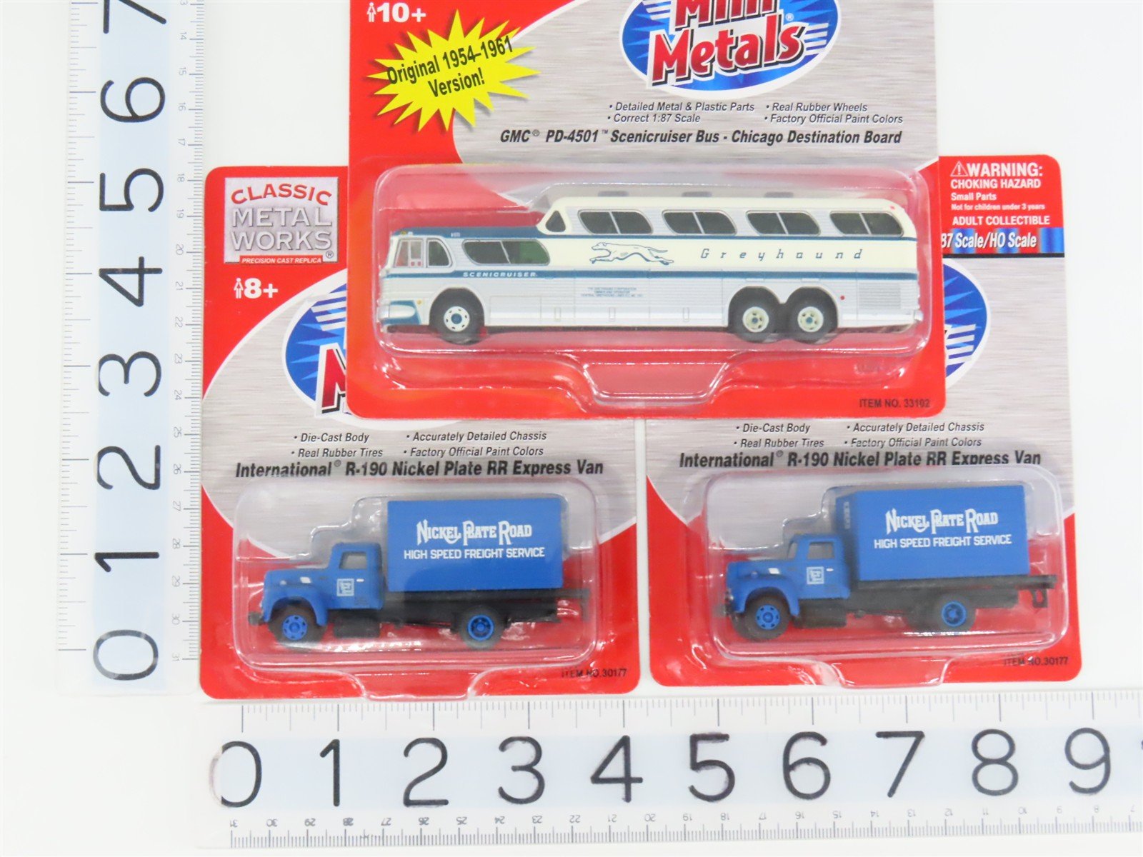 LOT of 3 HO CMW Mini Metals Greyhound Scenicruiser Bus & NKP IH R-190 Box Trucks