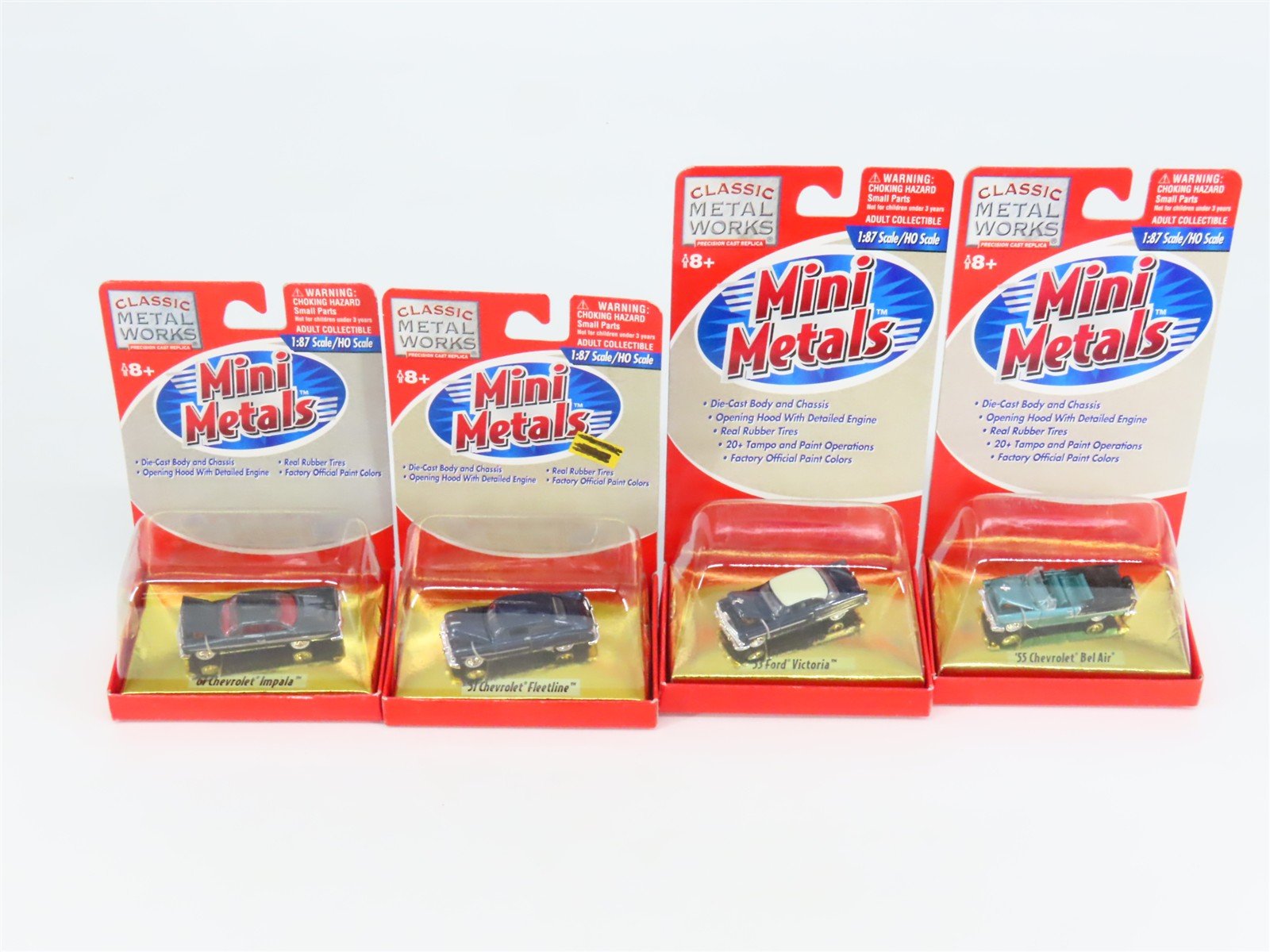 LOT of 4 HO 1/87 Scale CMW Mini Metals 1950s/1960s Chevrolet & Ford Cars