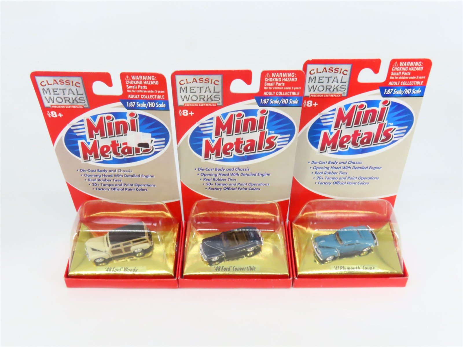 LOT of 3 HO CMW Mini Metals '41 Plymouth Coupe, '48 Ford Woody & Convertible