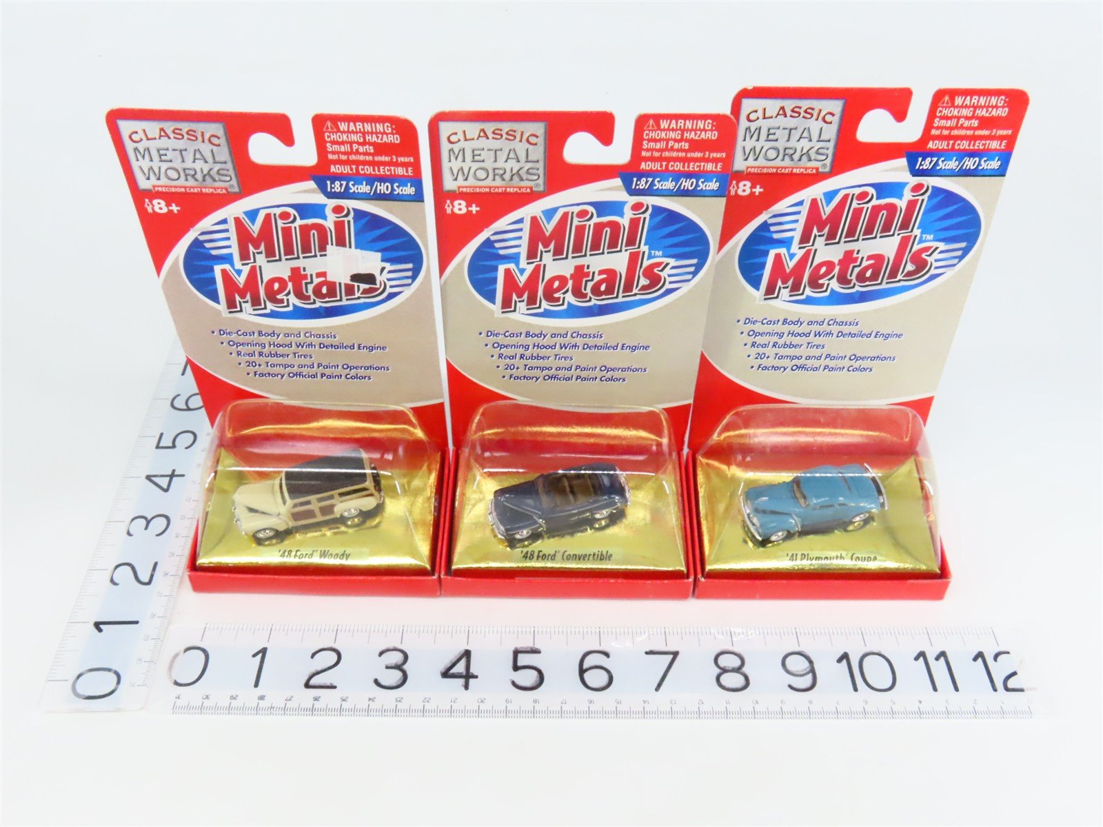 LOT of 3 HO CMW Mini Metals '41 Plymouth Coupe, '48 Ford Woody & Convertible