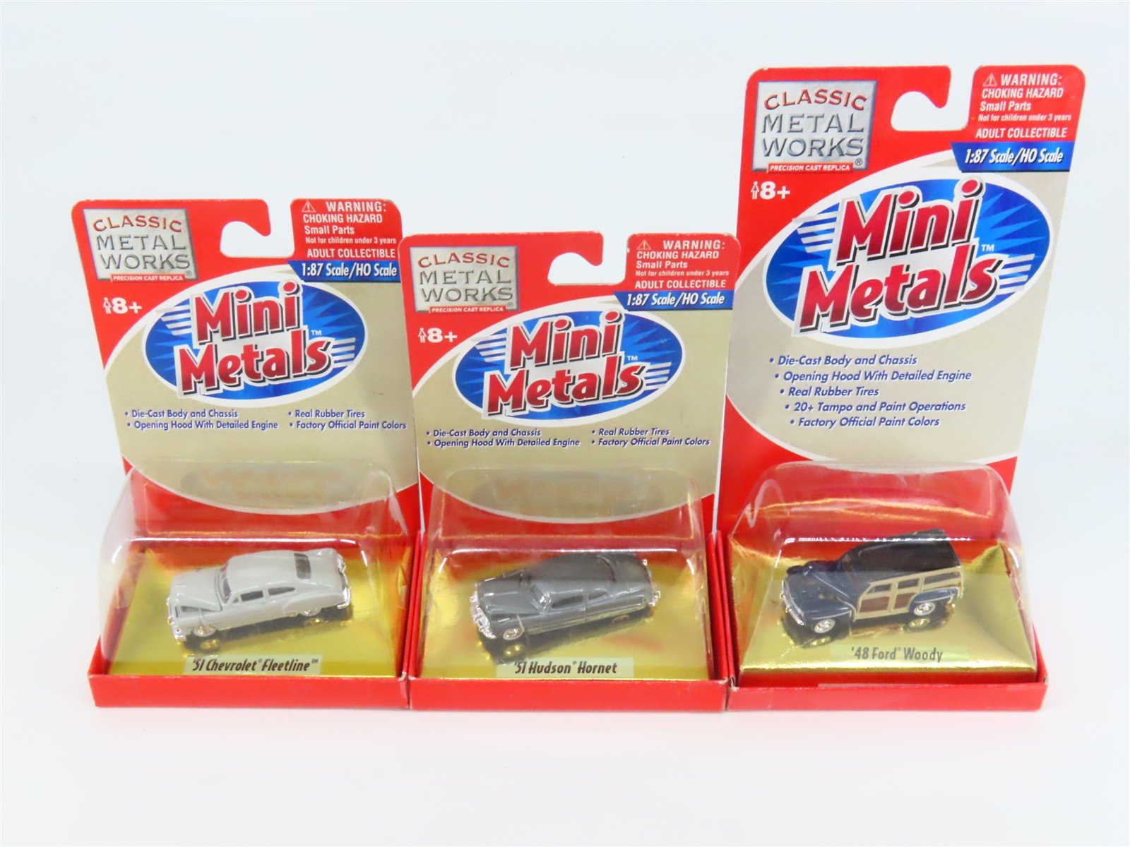 LOT of 3 HO CMW Mini Metals 1940s/50s Ford Woody, Chevy Fleetline, Hudson Hornet