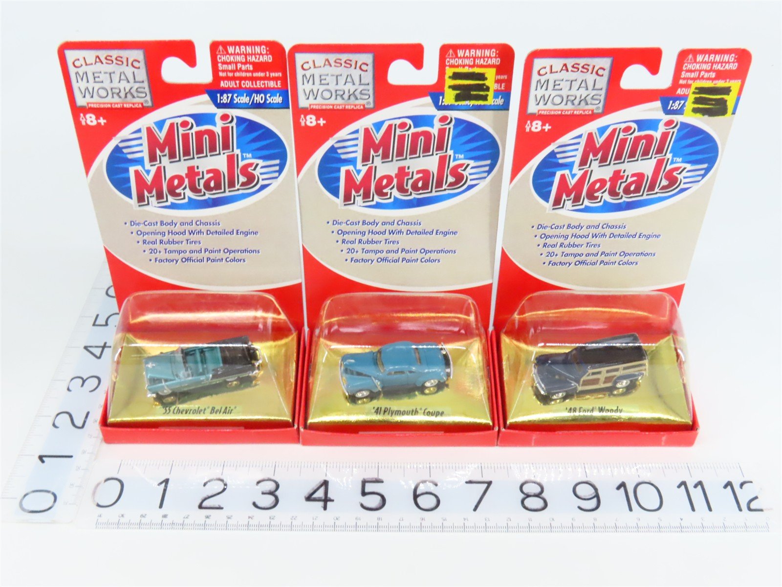LOT of 3 HO CMW Mini Metals 1940s/50s Ford Woody, Chevy Bel Air, Plymouth Coupe