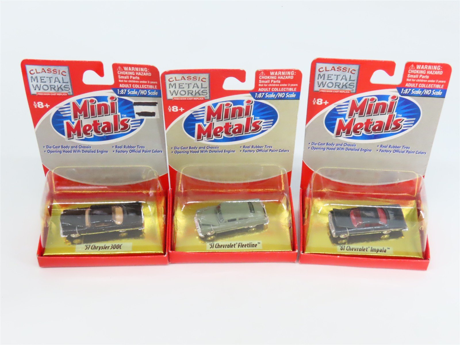 LOT of 3 HO CMW Mini Metals 1950s/60s Chrysler 300C, Chevy Fleetline, & Impala