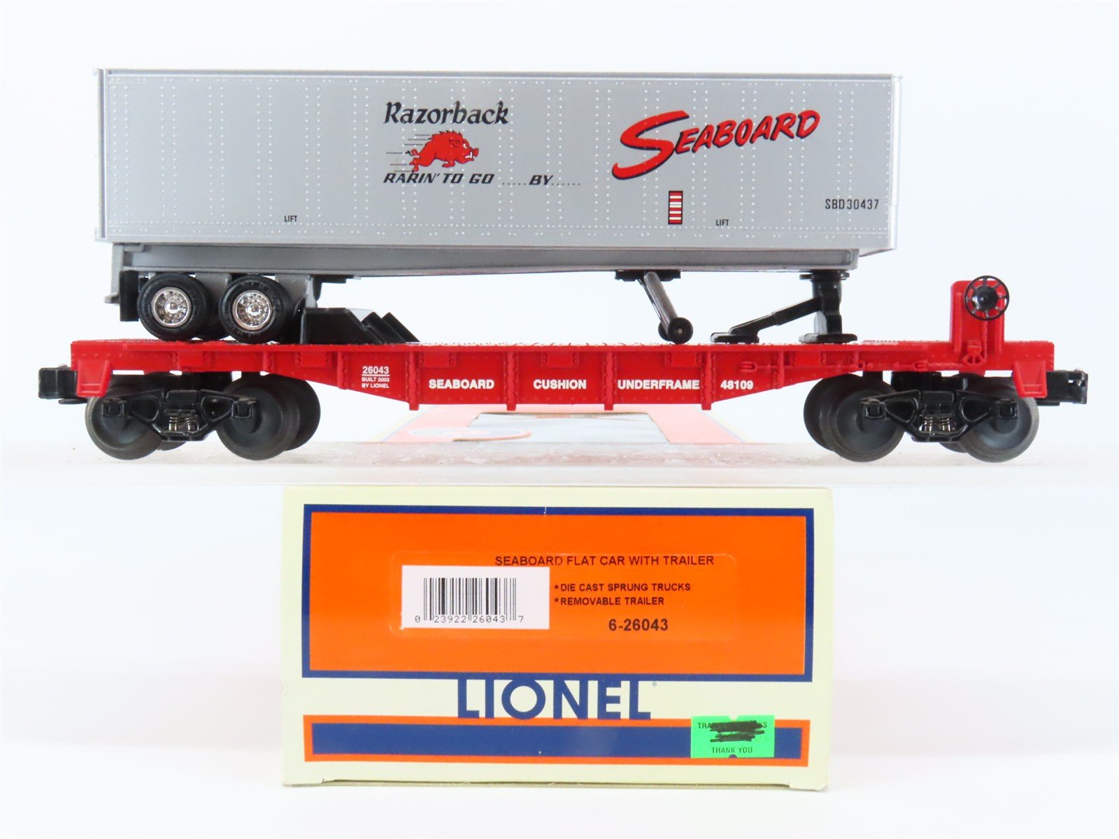 O Gauge 3-Rail Lionel 6-26043 SBD Seaboard Flat Car #48109 w/ Trailer