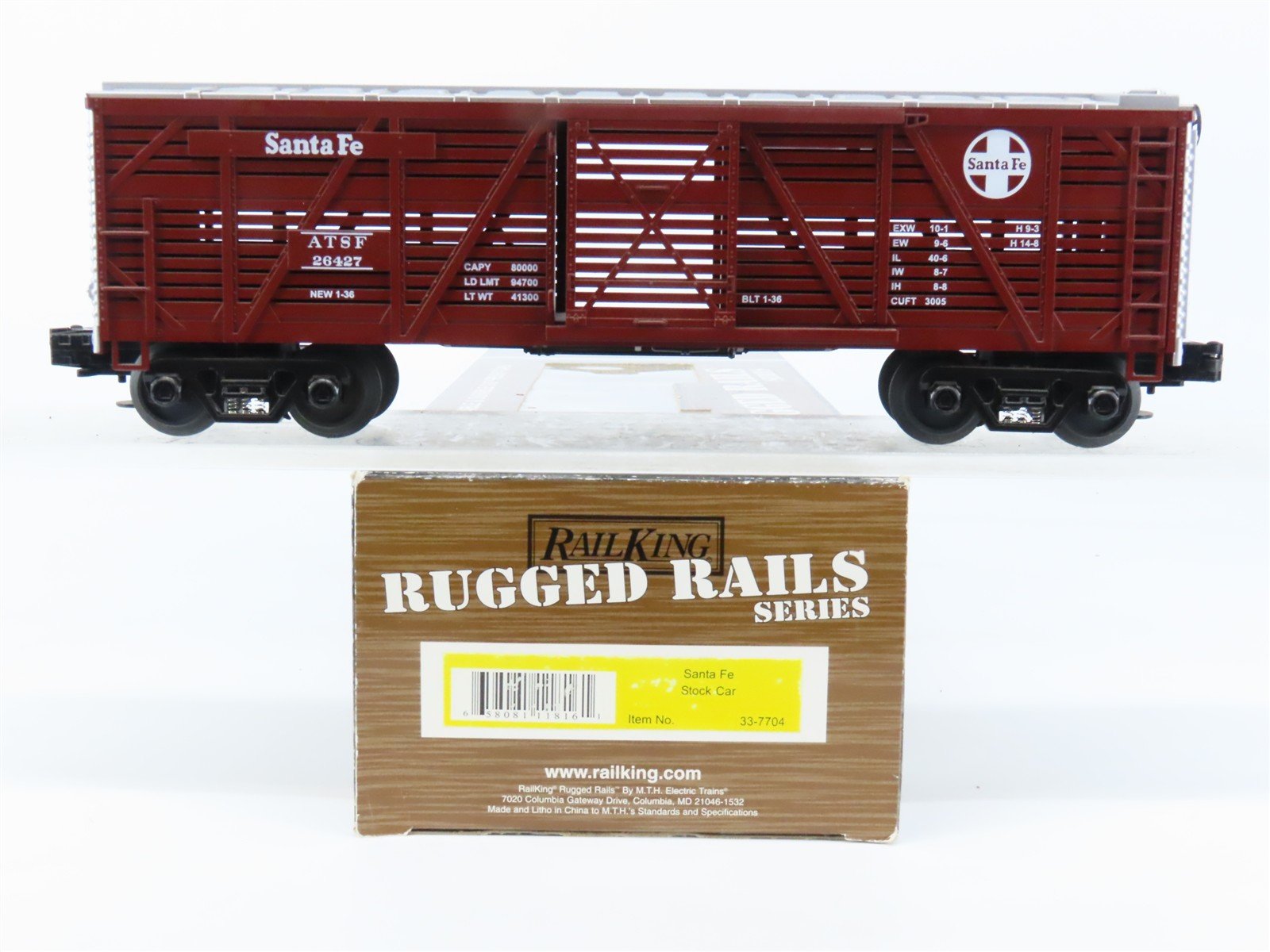 O Gauge 3-Rail MTH Rail King Rugged Rails 33-7704 ATSF Santa Fe Stock Car #26427