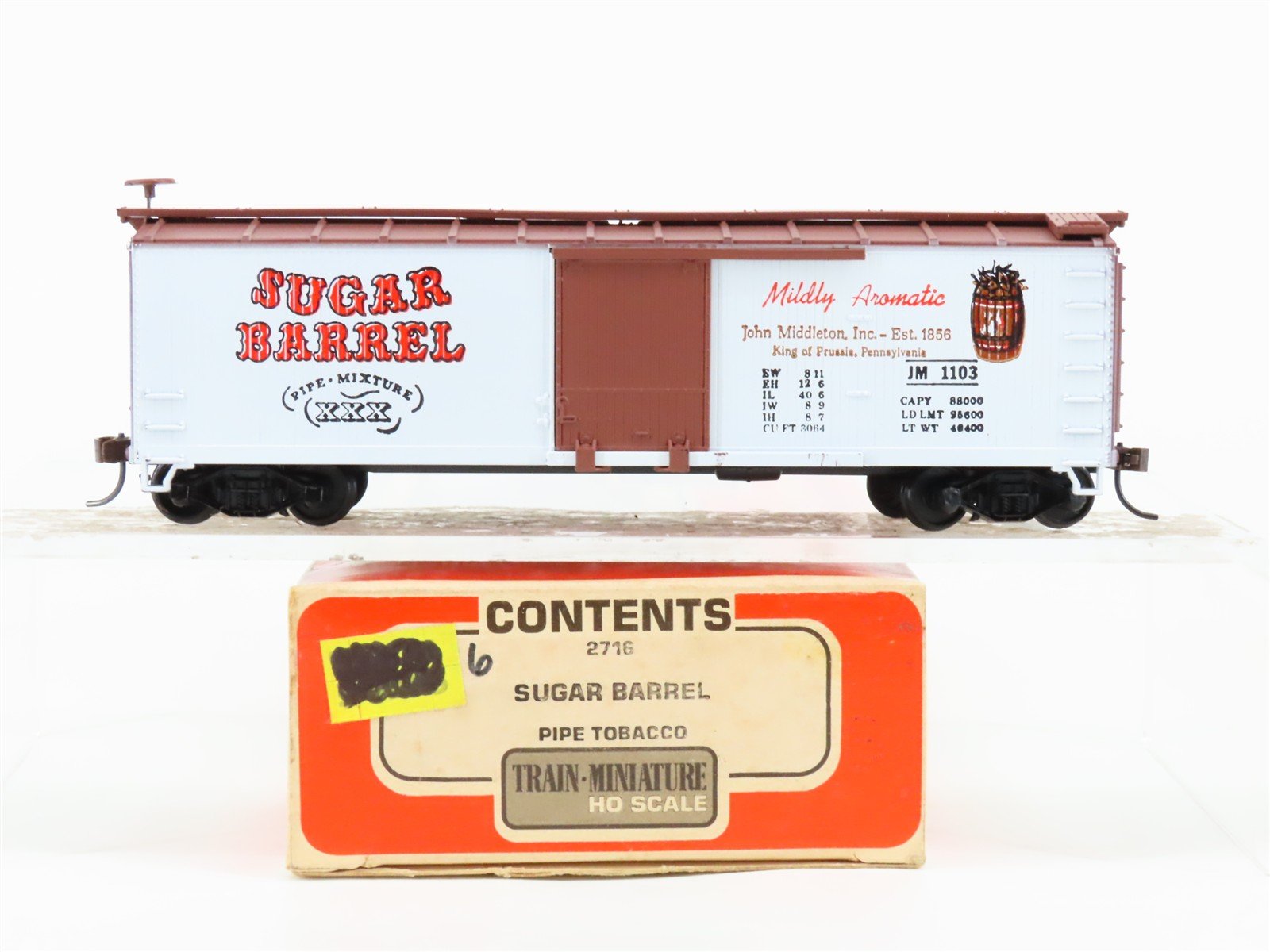 HO Scale Train-Miniature 2716 JM Sugar Barrel Pipe Tobacco 40' Box Car #1103