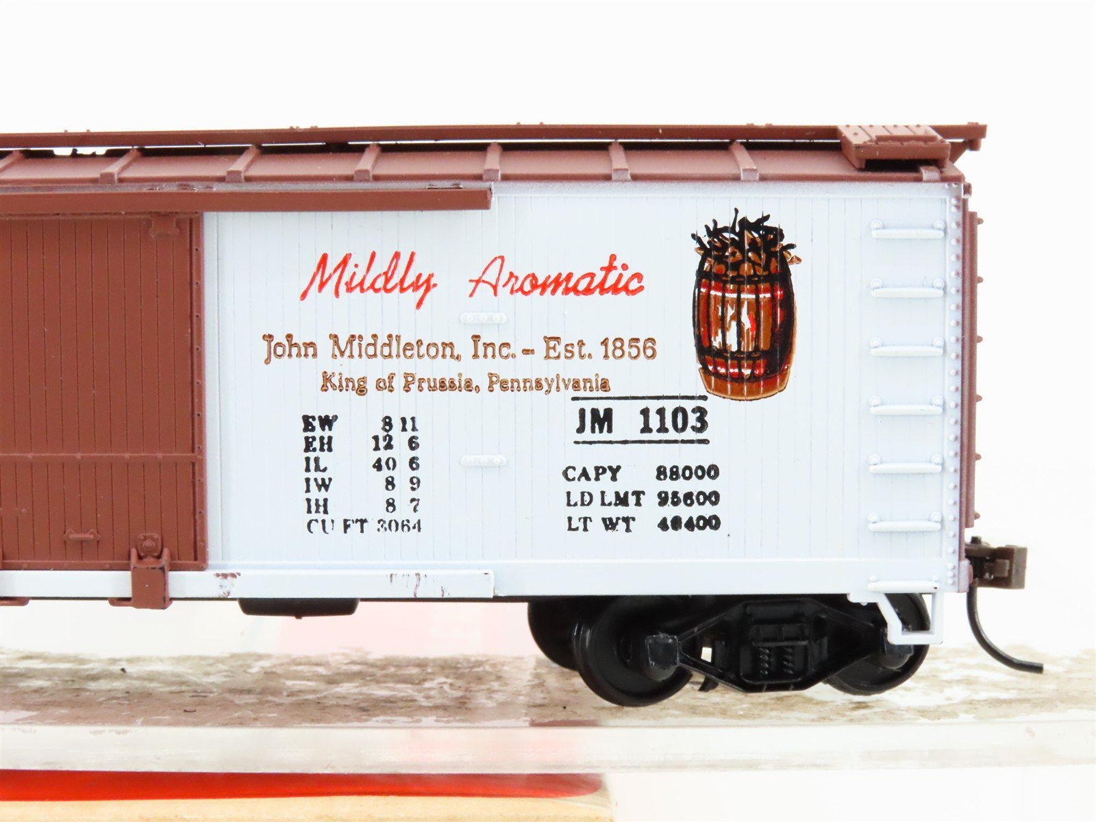 HO Scale Train-Miniature 2716 JM Sugar Barrel Pipe Tobacco 40' Box Car #1103
