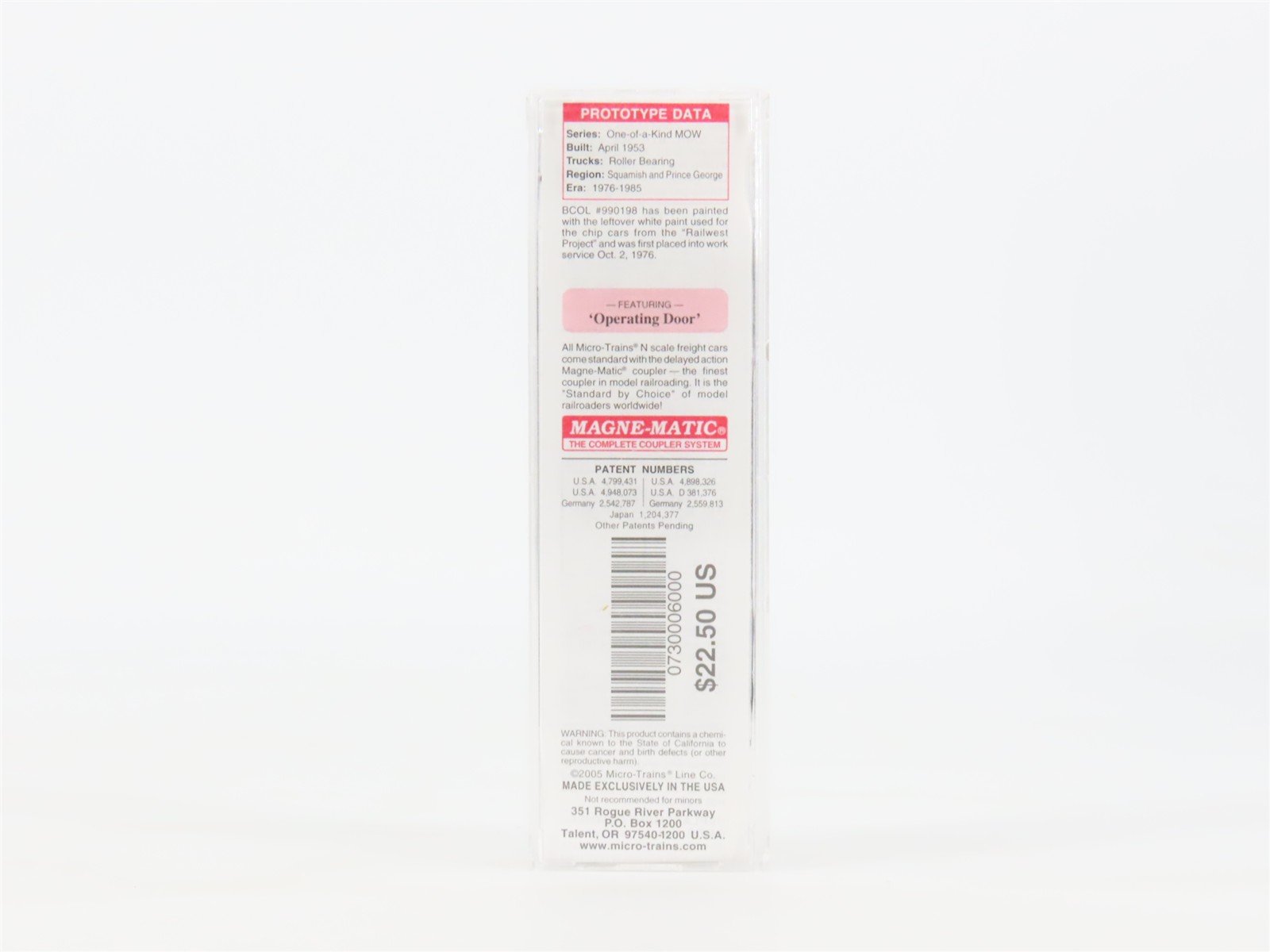 N Scale Micro-Trains MTL 07300060 BCOL British Columbia 40' Box Car #990198