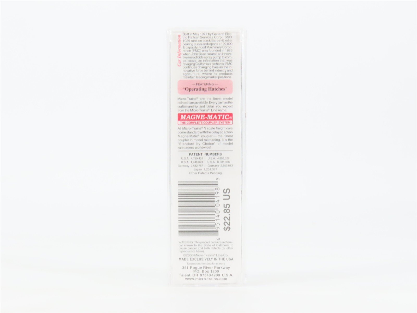 N Scale Micro-Trains MTL 93080 SSIX FMC Chemicals 3-Bay Covered Hopper #1059