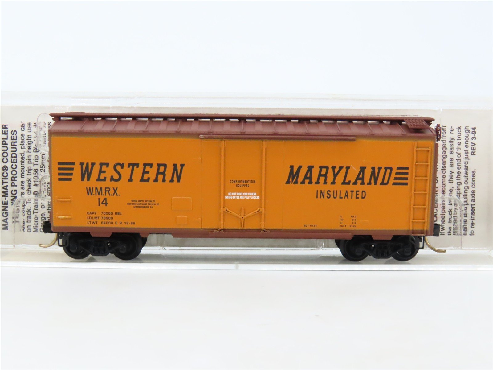 N Scale Micro-Trains MTL 21240 WMRX Western Maryland 40' Plug Door Box Car #14
