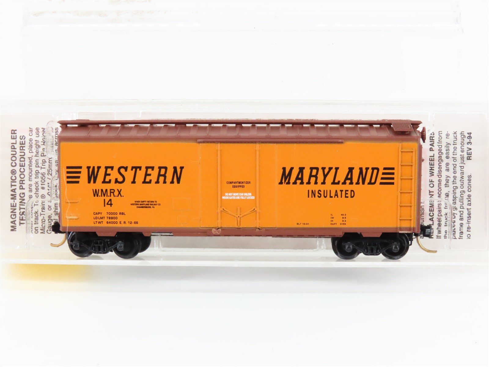 N Scale Micro-Trains MTL 21240 WM Western Maryland 40' Plug Door Box Car #14