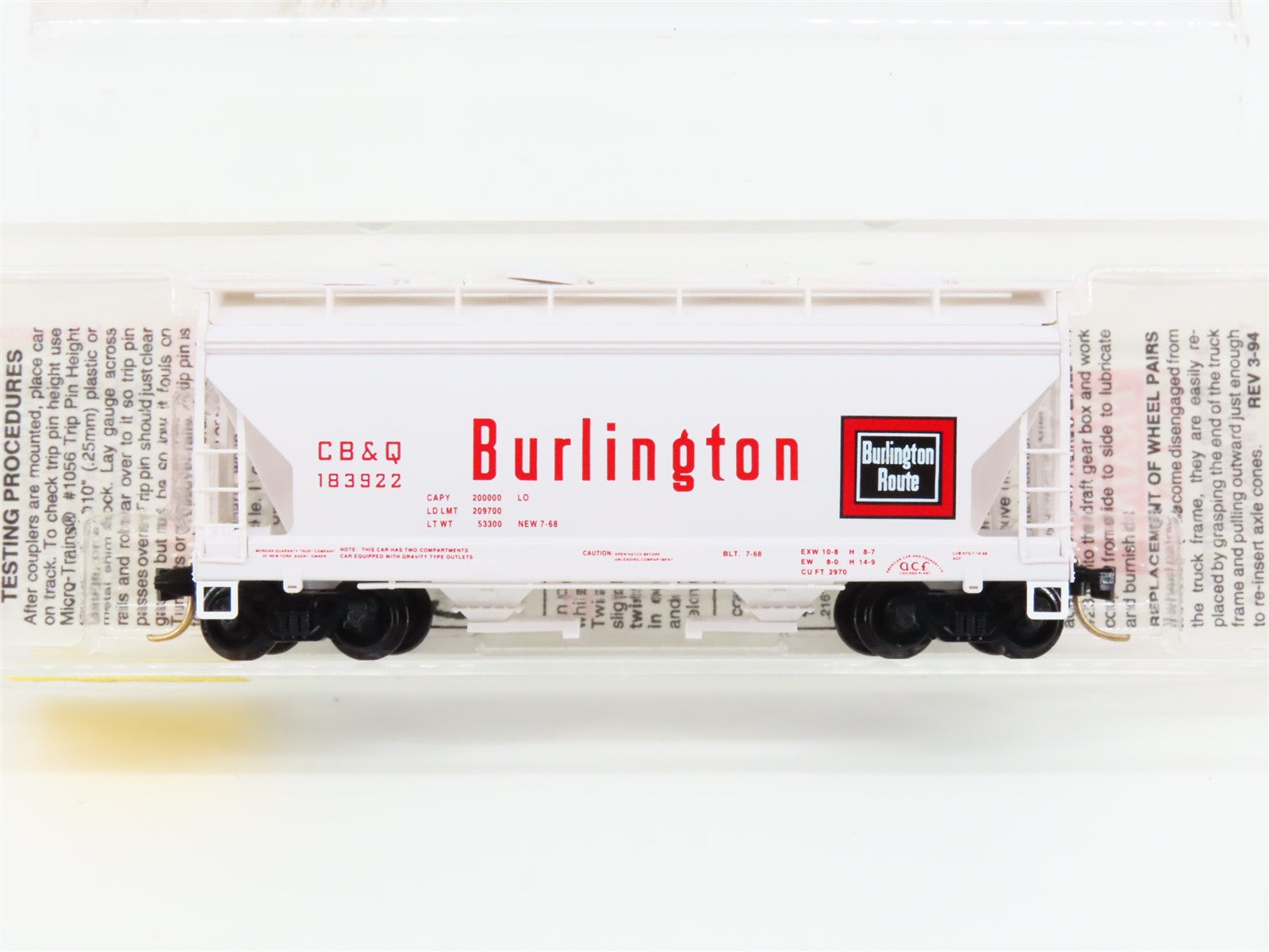 N Micro-Trains MTL 92070 CB&Q Burlington Route 2-Bay Centerflow Hopper #183922