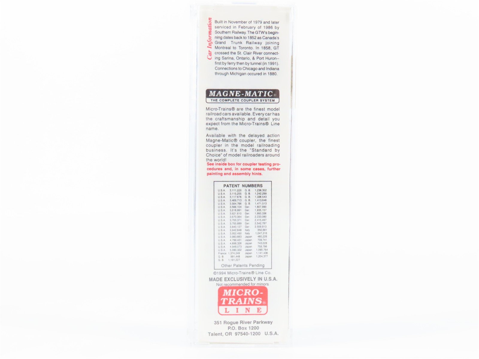 N Scale Micro-Trains 27220 GTW Grand Trunk Western 50' Plug Door Box Car RTR